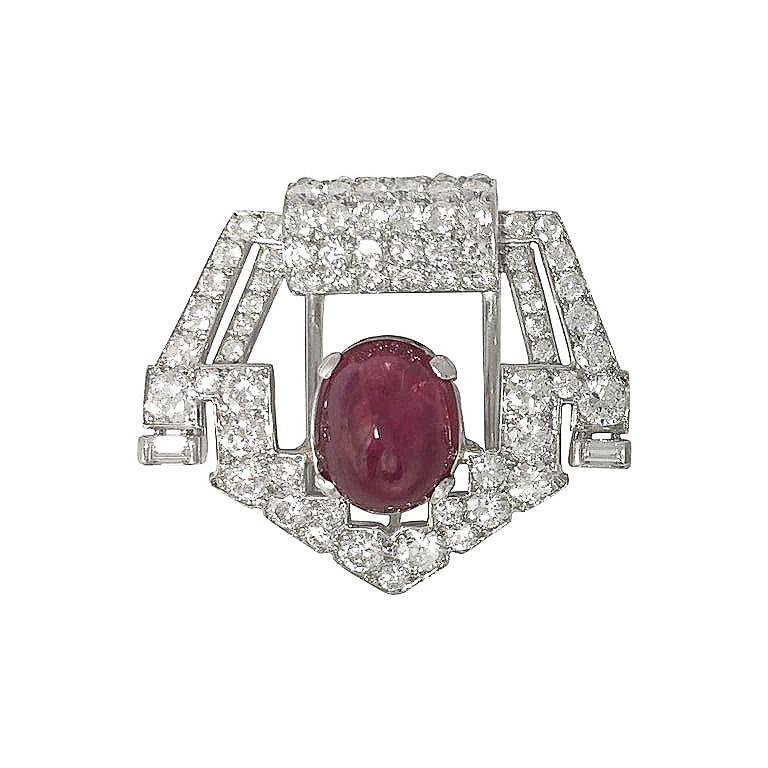 Art Deco Cartier Platinum Brooch, Set with Diamonds and a Ruby 1
