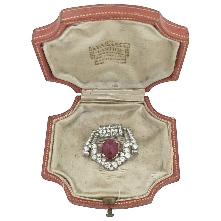 Art Deco Cartier Platinum Brooch, Set with Diamonds and a Ruby 3