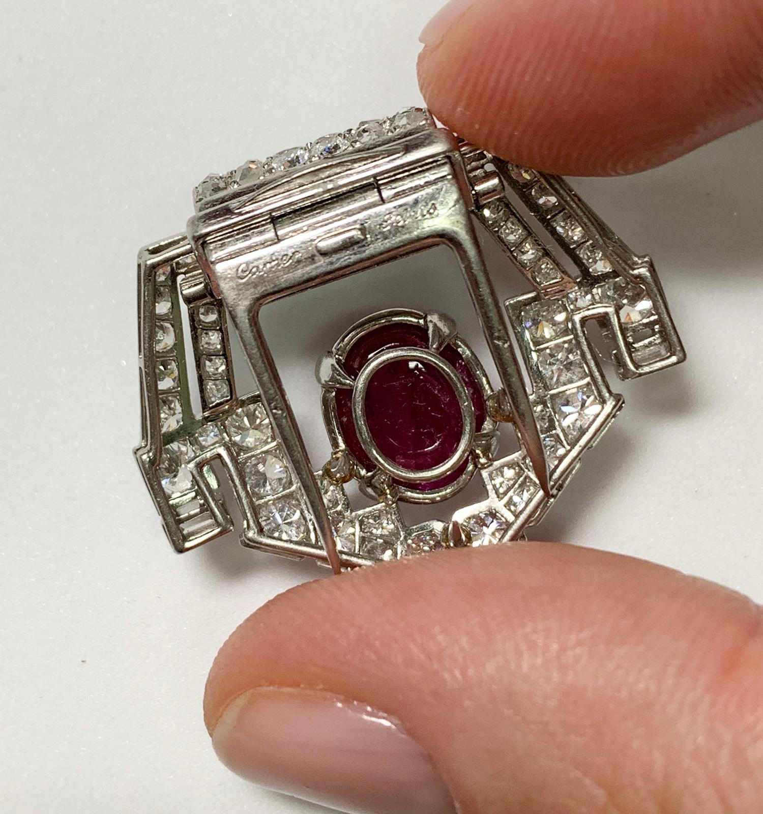 Art Deco Cartier Platinum Brooch, Set with Diamonds and a Ruby 2