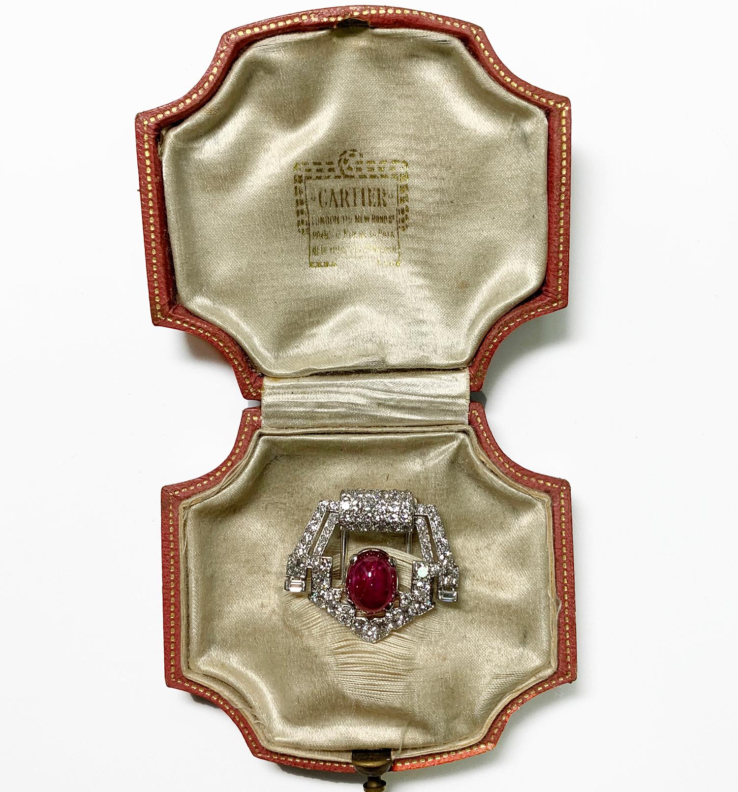 Art Deco Cartier Platinum Brooch, Set with Diamonds and a Ruby 4