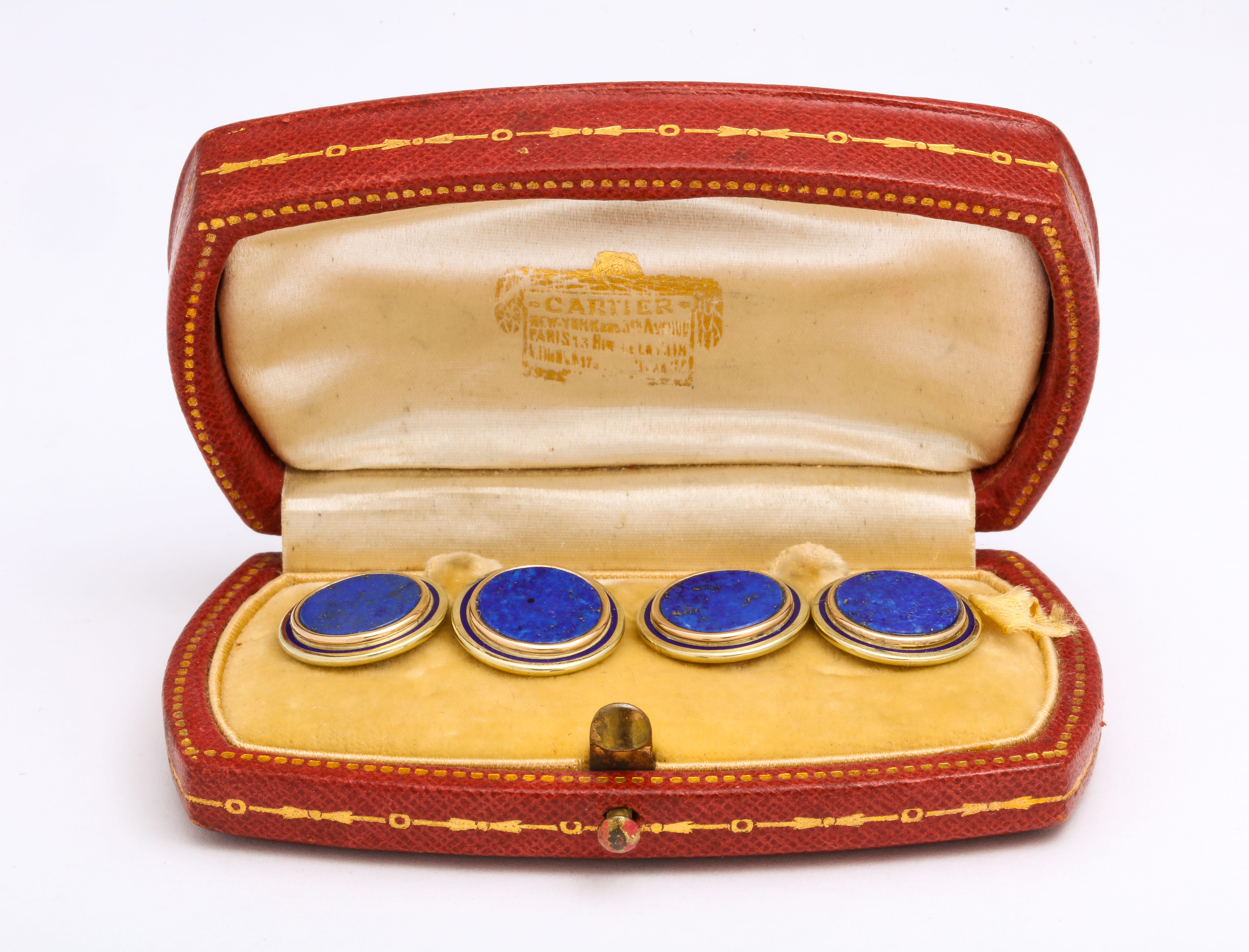 Women's or Men's Cartier Art Deco Royal Blue Lapis Lazuli Enamel Gold Cufflinks Original Box