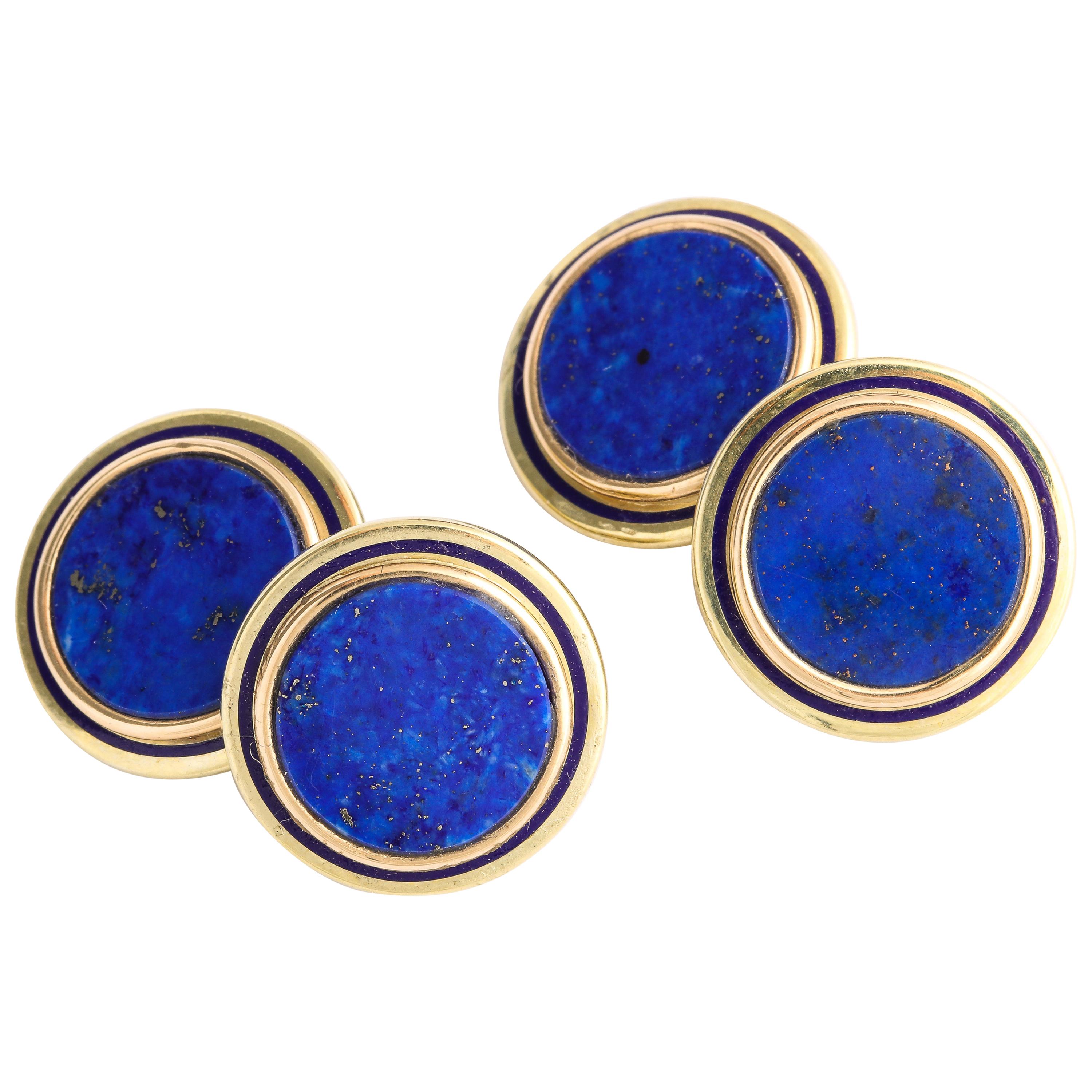 Rare Cartier Art Deco Royal Blue Lapis Lazuli Blue Enamel Edged Gold Cufflinks in their Original Cartier 5th Avenue 1920s Leather Silk Box. Fully signed CARTIER and marked 14kt gold. .55 inches diameter perfect for modern shirt cuffs. The ultimate