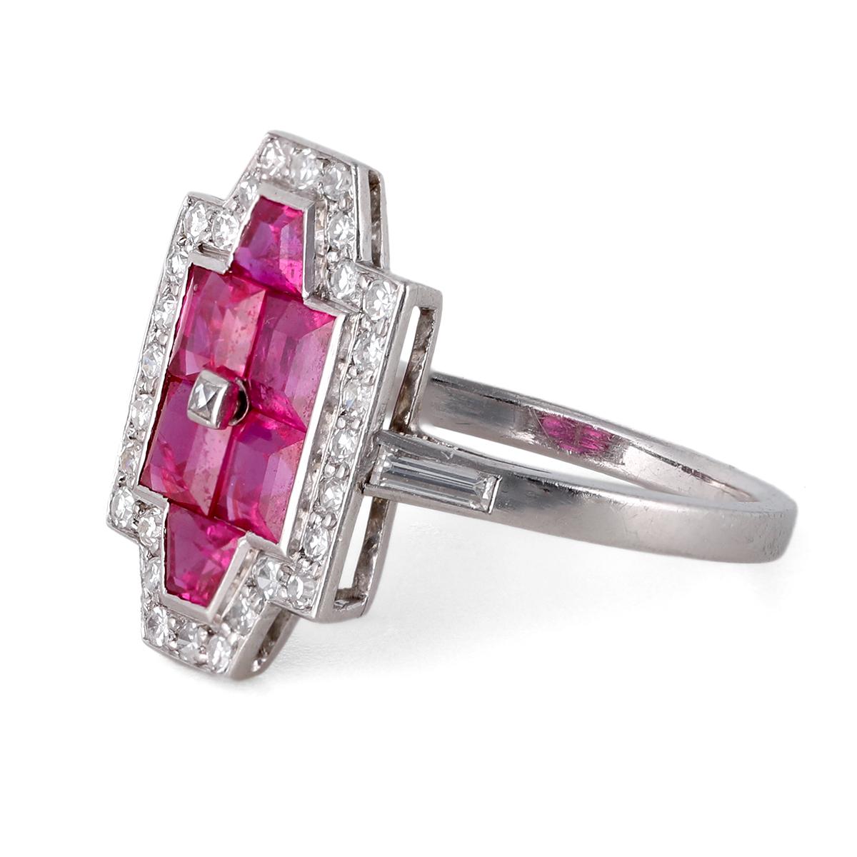 Women's or Men's Art Deco Cartier Ruby Diamond Platinum Dinner Ring