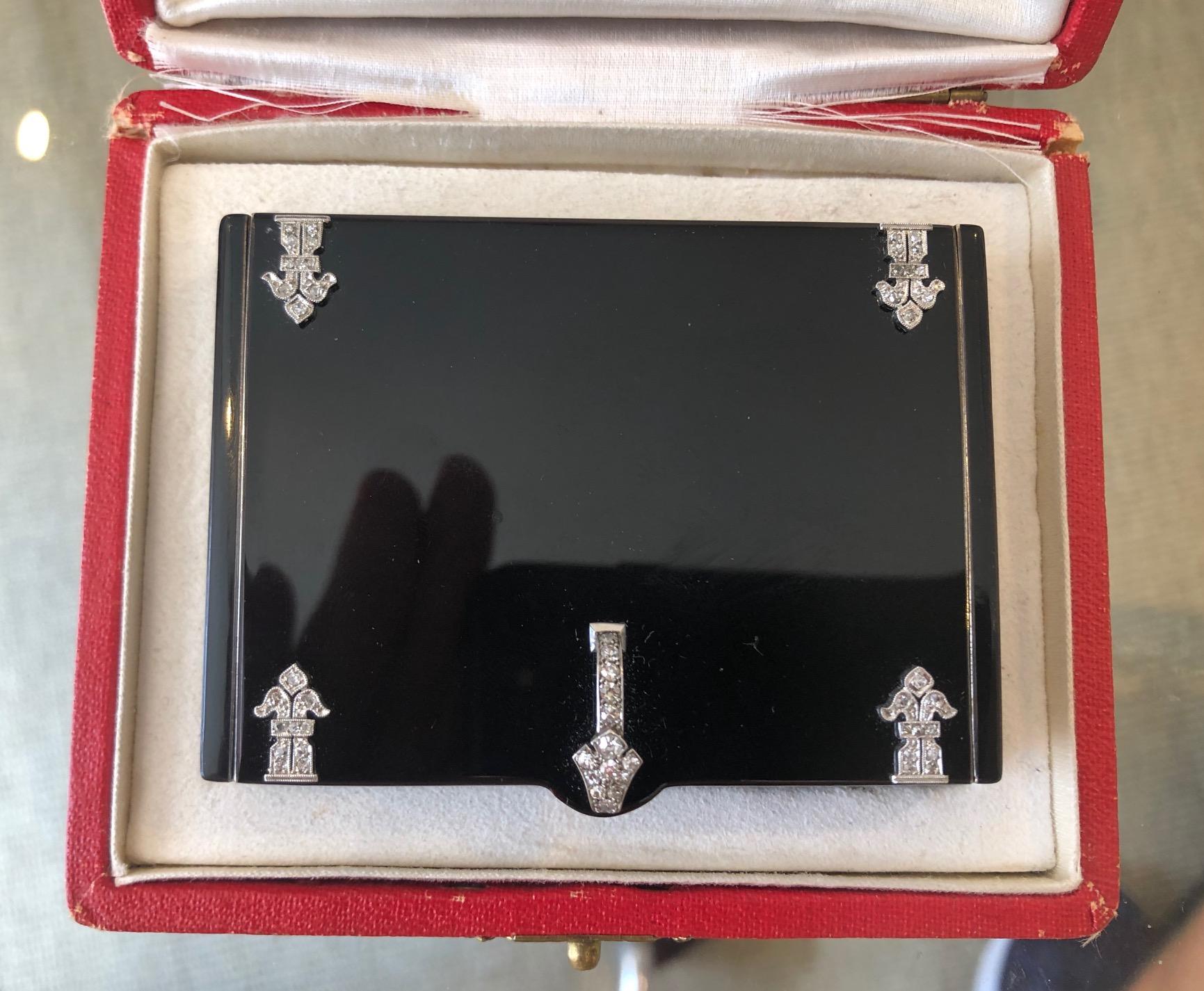 Art Deco Cartier Silver Gilt Enamel and Diamond Compact in Original Fitted Box In Good Condition For Sale In Mayfair, GB