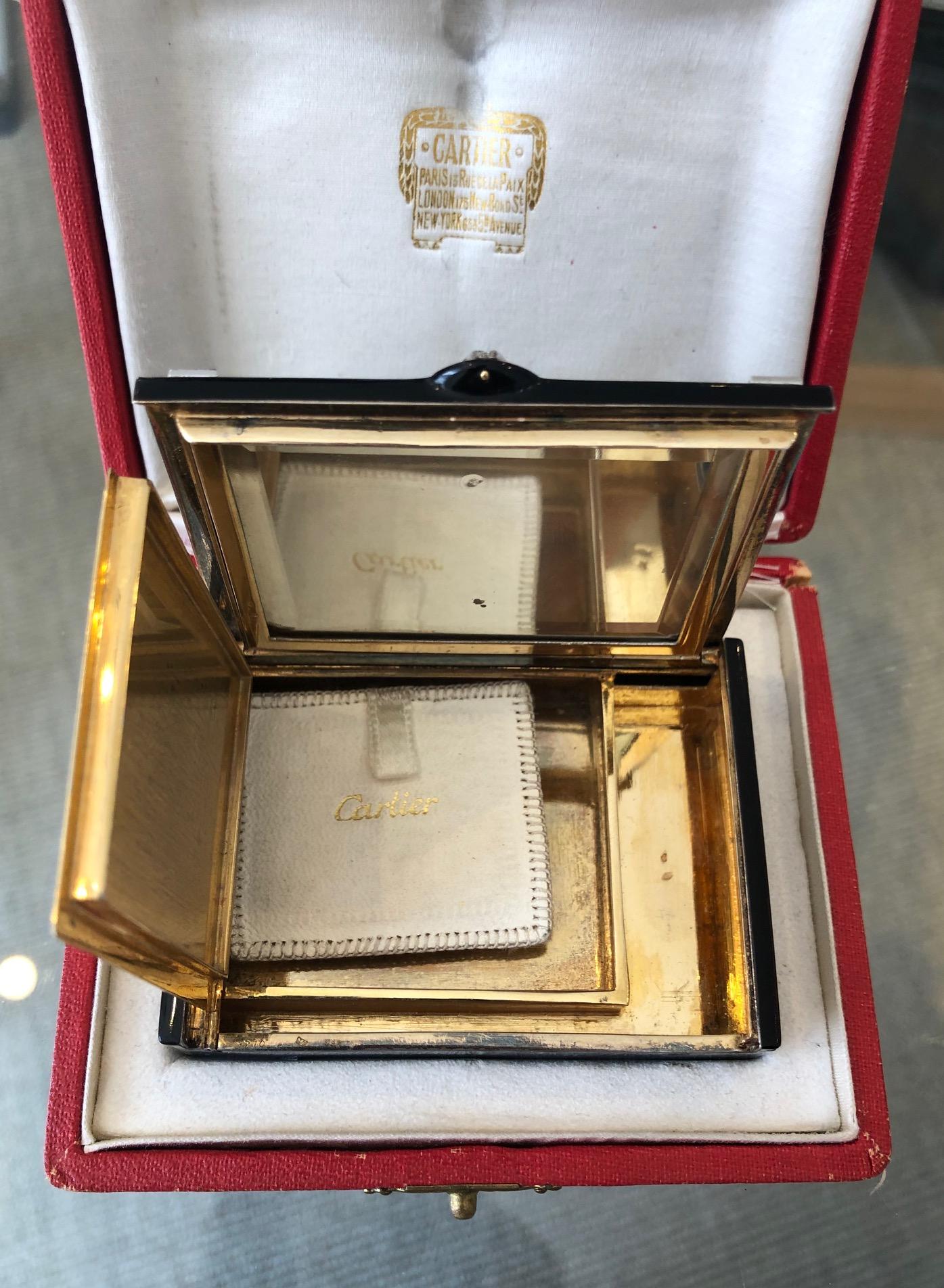 Women's or Men's Art Deco Cartier Silver Gilt Enamel and Diamond Compact in Original Fitted Box For Sale
