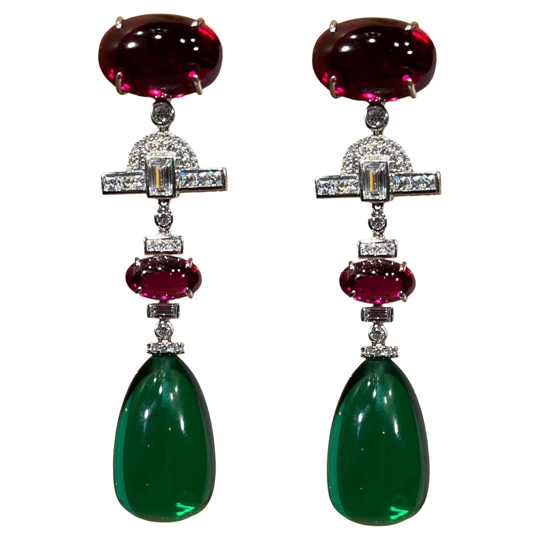 Art Deco  Costume Jewelry Cartier Style Emerald  Long Earrings by Clive Kandel