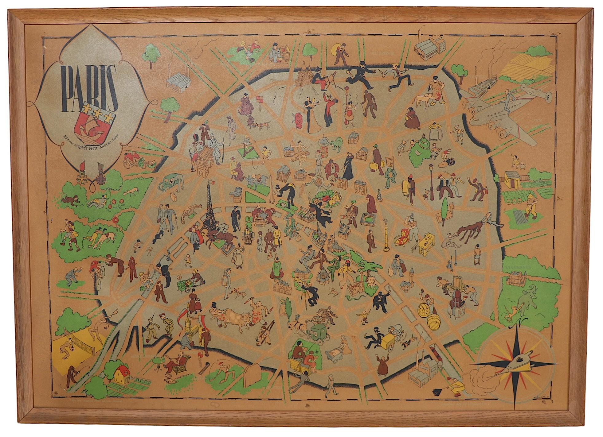 Art-Deco-Karte von Paris im Cartoon-Stil, möglicherweise von Arthur Zaidenberg. Die Karte enthält witzige Anspielungen auf den Pariser Lebensstil sowie Zeichnungen von bedeutenden Wahrzeichen,  circa 1930er Jahre. Dieses Exemplar ist in sehr gutem,