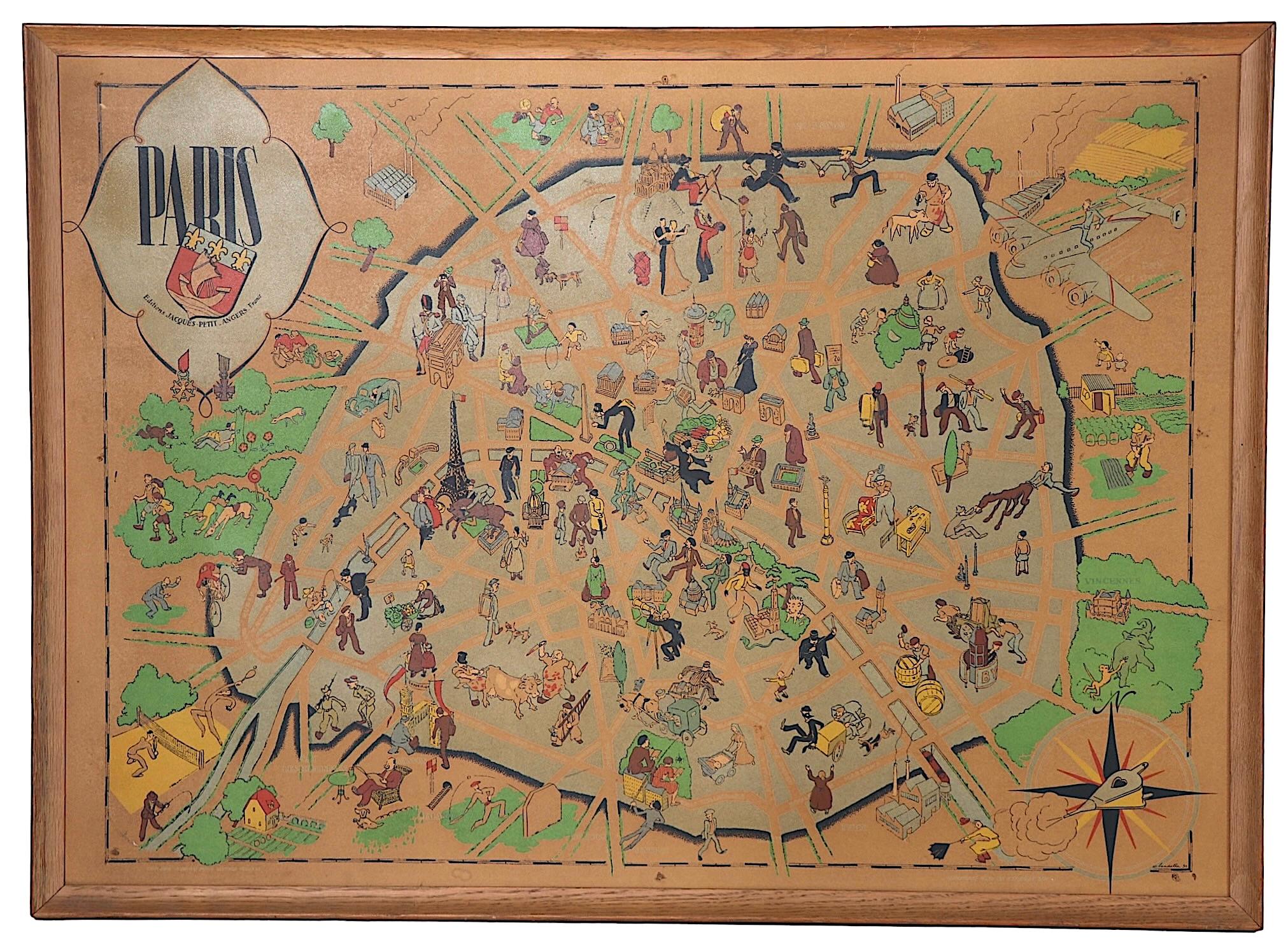 American Art Deco Cartoon Style Map of Paris possibly by Arthur Zaindenberg circa 1930's For Sale