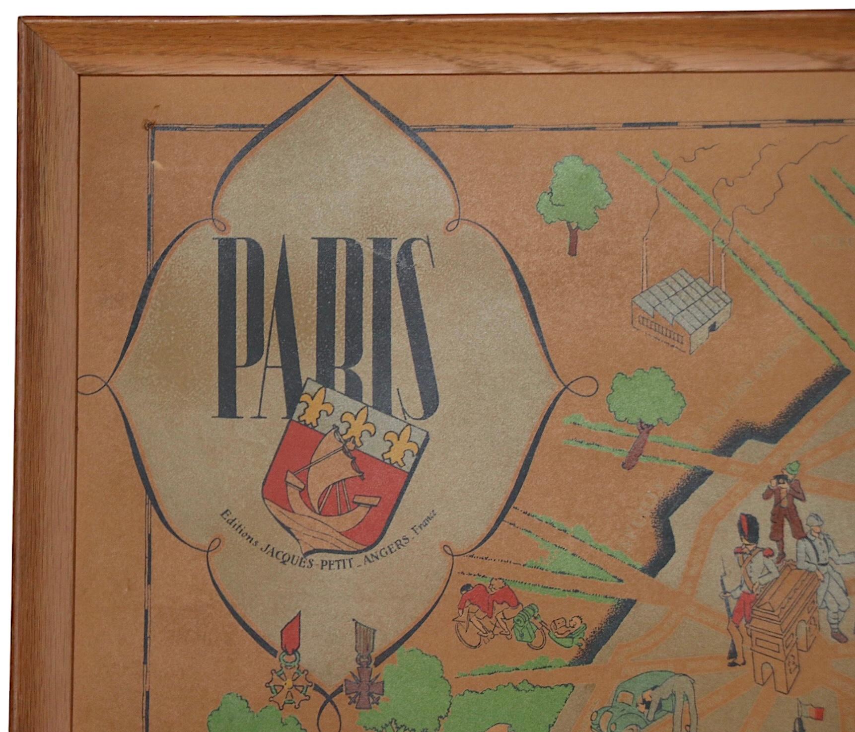 Paper Art Deco Cartoon Style Map of Paris possibly by Arthur Zaindenberg circa 1930's For Sale