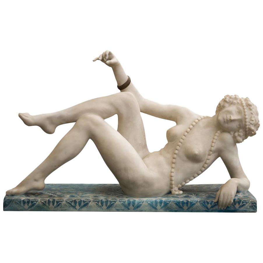 Art Deco Carved Alabaster Figure of a Posing Nude Lady, circa 1920 For Sale