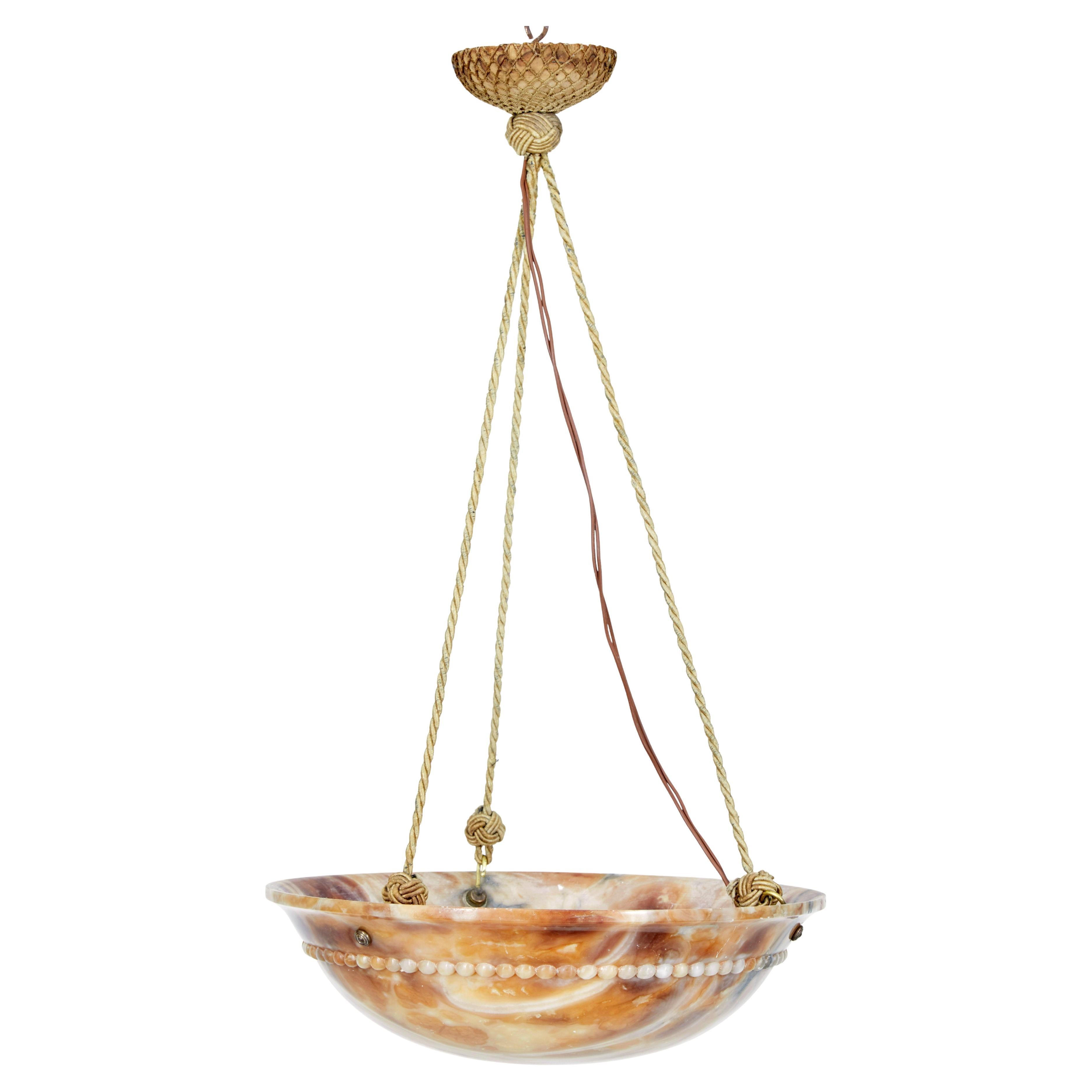 Art deco carved alabaster hanging pendant light For Sale