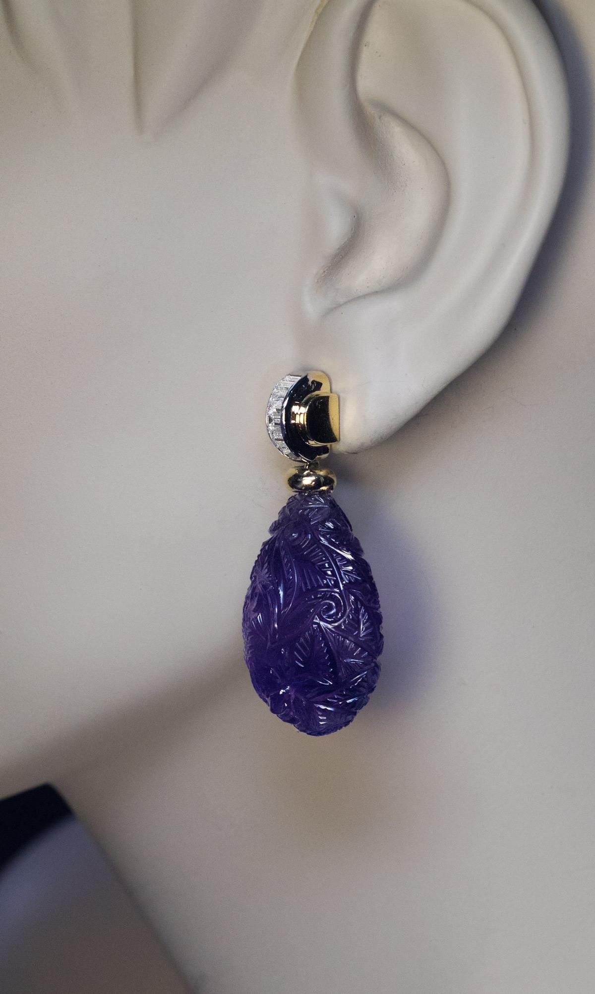 Art Deco Carved Amethyst Baguette Diamond Drop Earrings In Excellent Condition In Chicago, IL