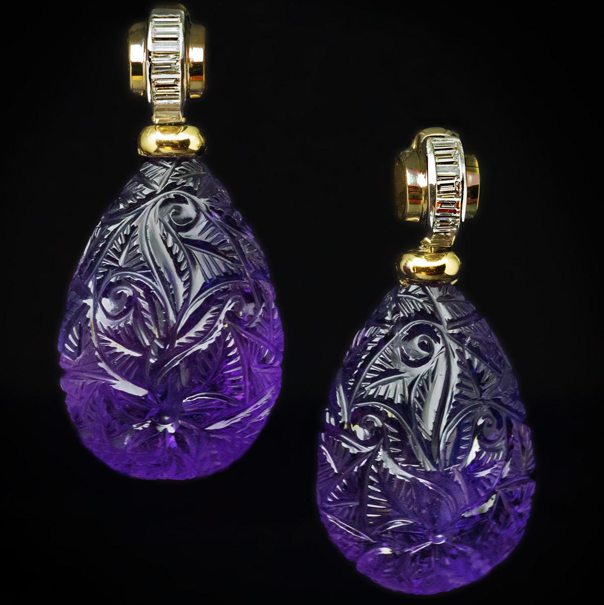 Art Deco Carved Amethyst Baguette Diamond Drop Earrings 2