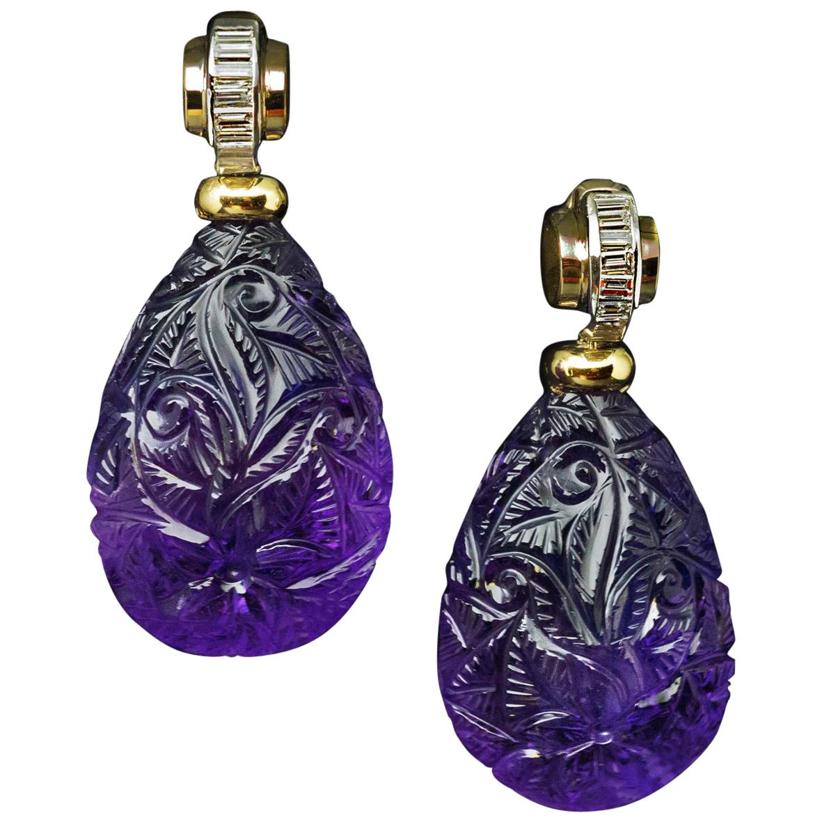 Art Deco Carved Amethyst Baguette Diamond Drop Earrings