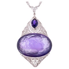 Art Deco Carved Amethyst & Diamond Platinum Necklace Circa 1930