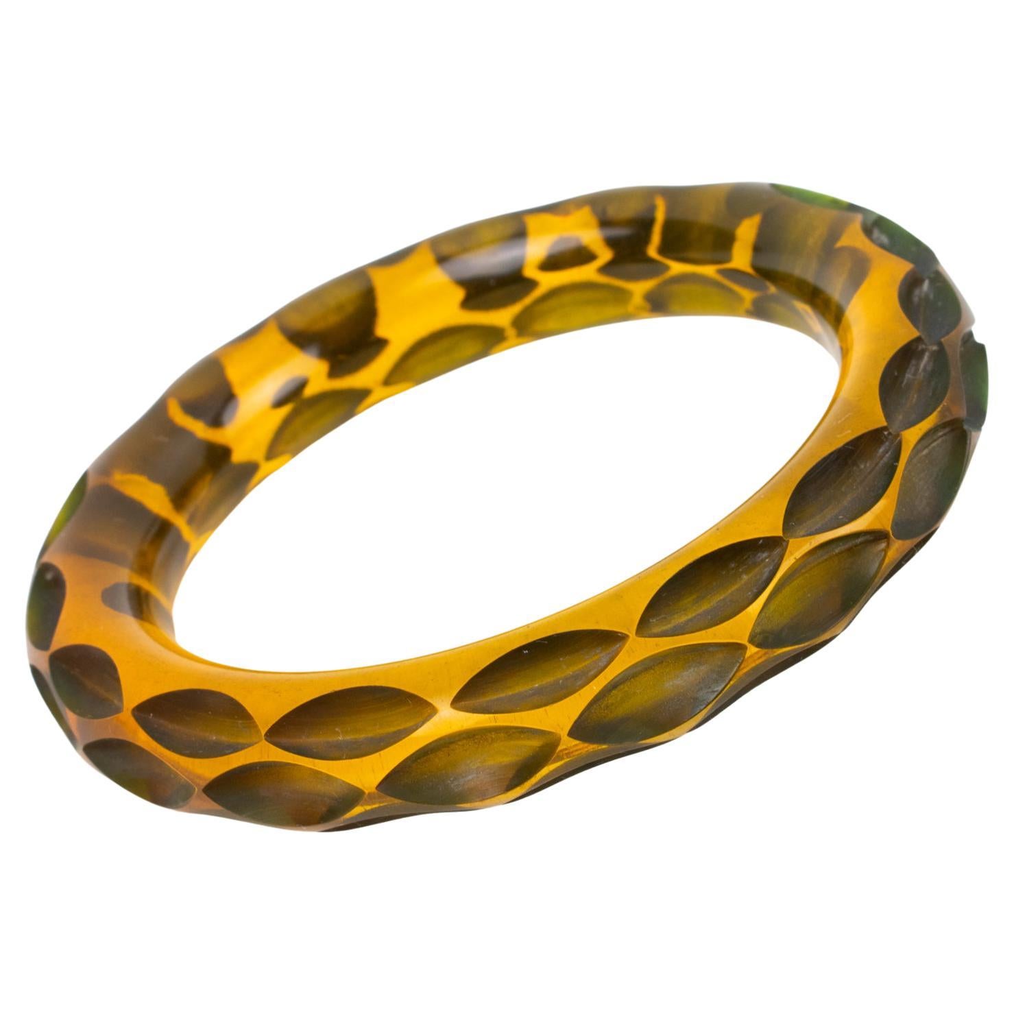 Art Deco Carved Bakelite Bracelet Bangle Prystal Amber For Sale