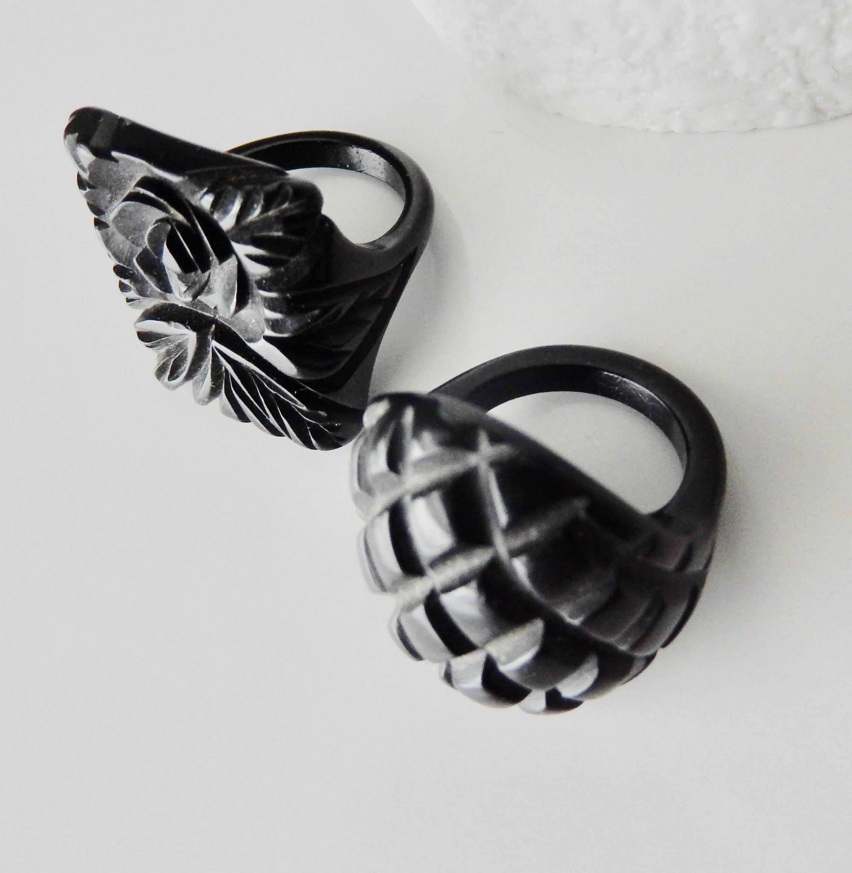 Women's or Men's Art Deco Carved Black Bakelite Rings For Sale