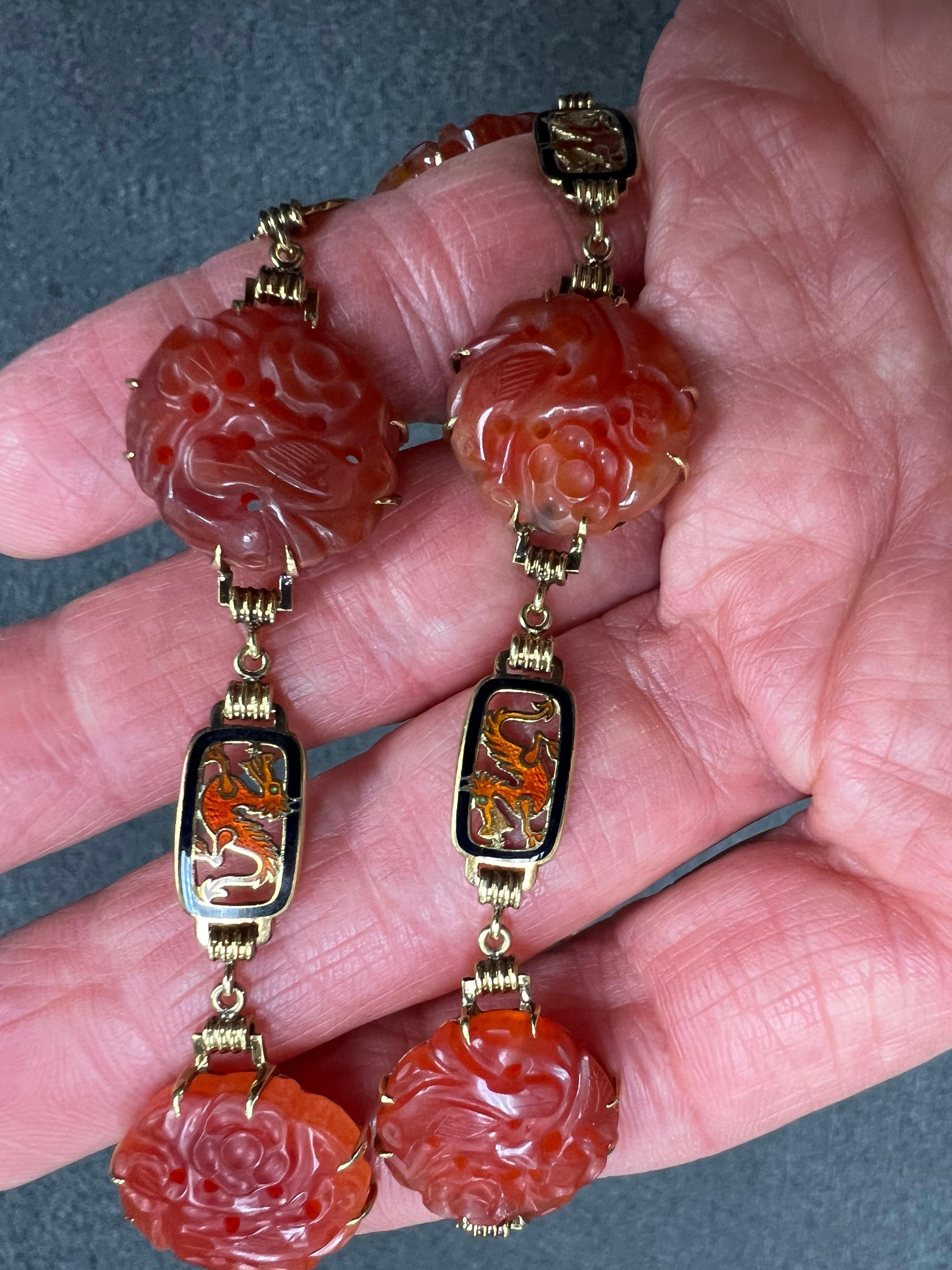 Art Deco Carved Carnelian And Enamel Dragon Yellow Gold Necklace Circa 1925 5