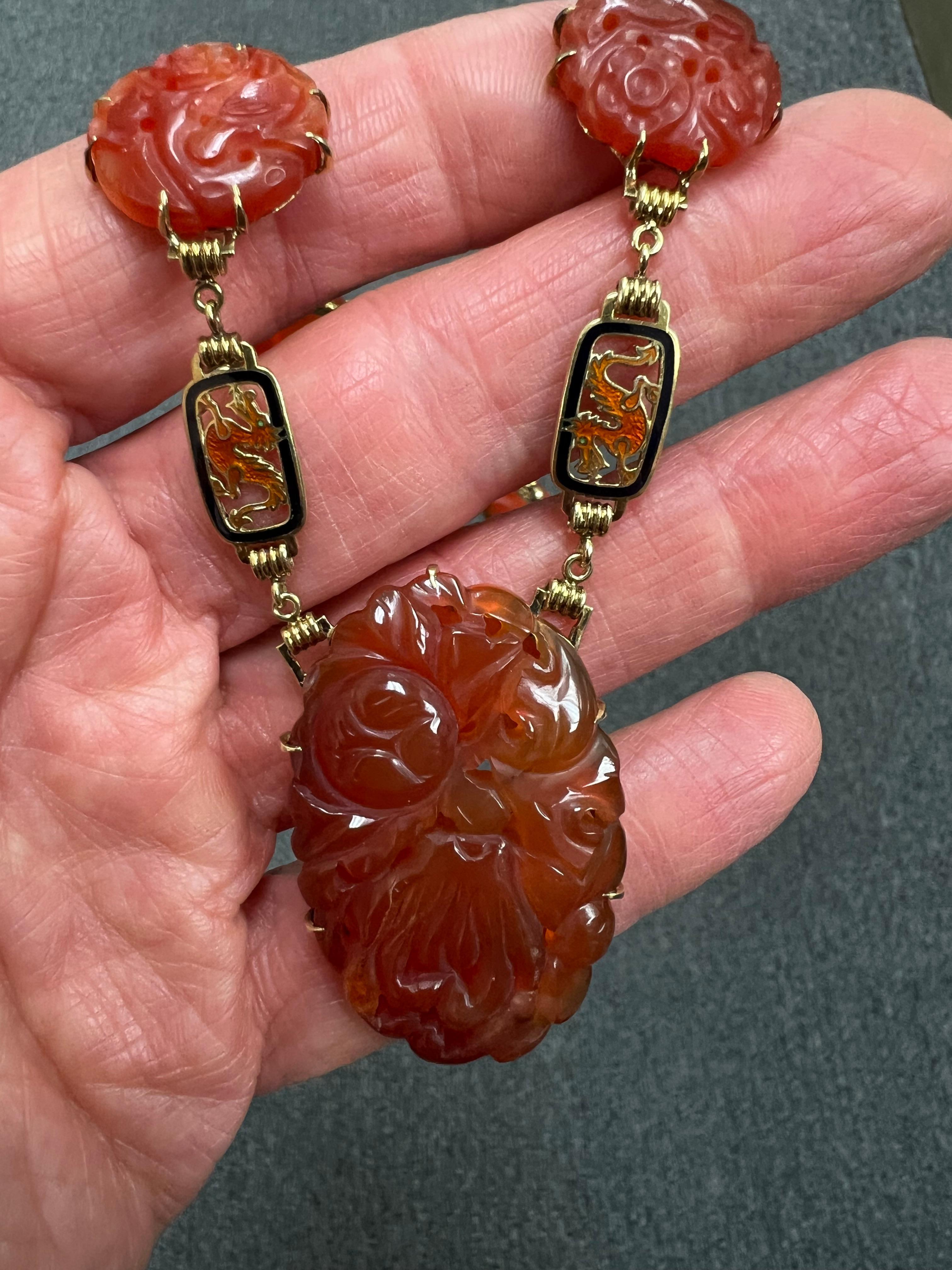 Art Deco Carved Carnelian And Enamel Dragon Yellow Gold Necklace Circa 1925 6