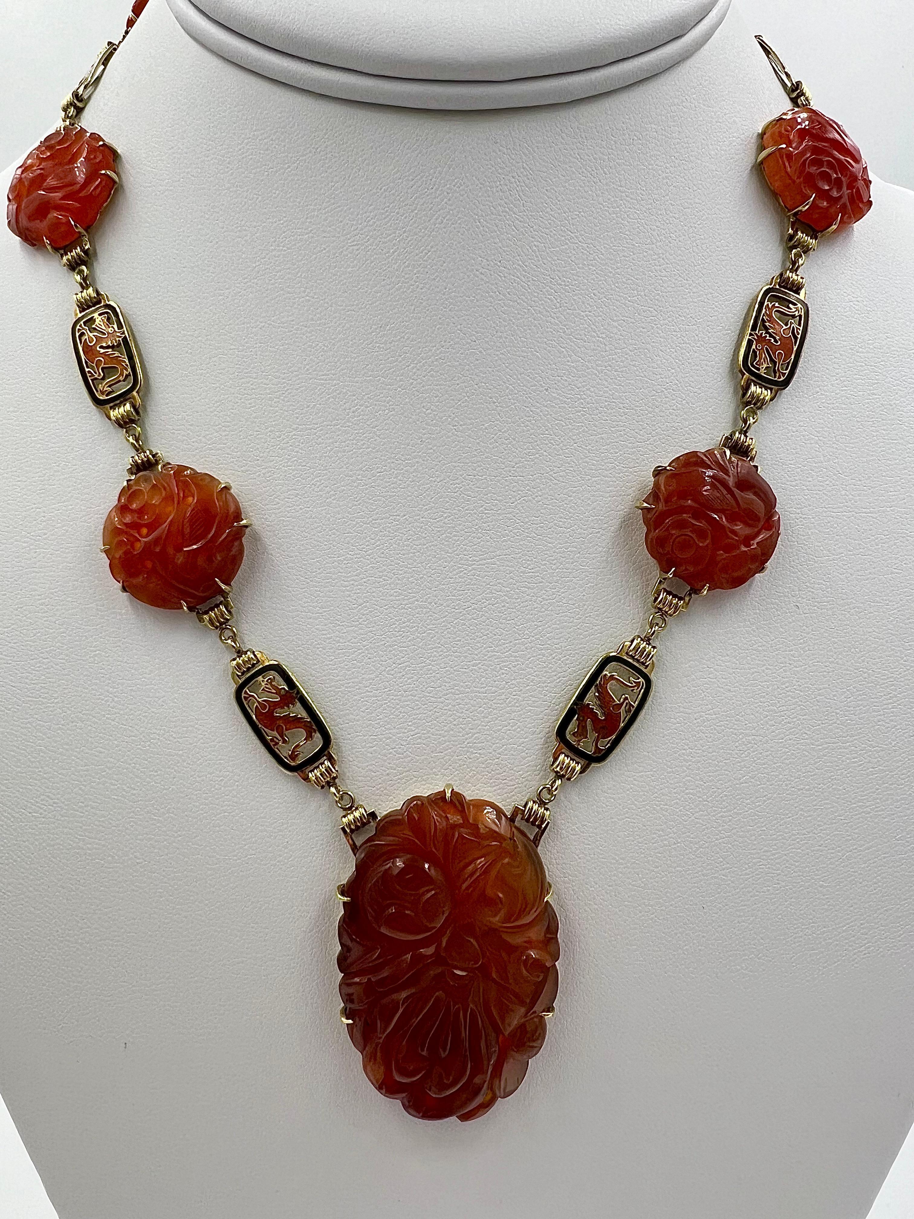 Mixed Cut Art Deco Carved Carnelian And Enamel Dragon Yellow Gold Necklace Circa 1925
