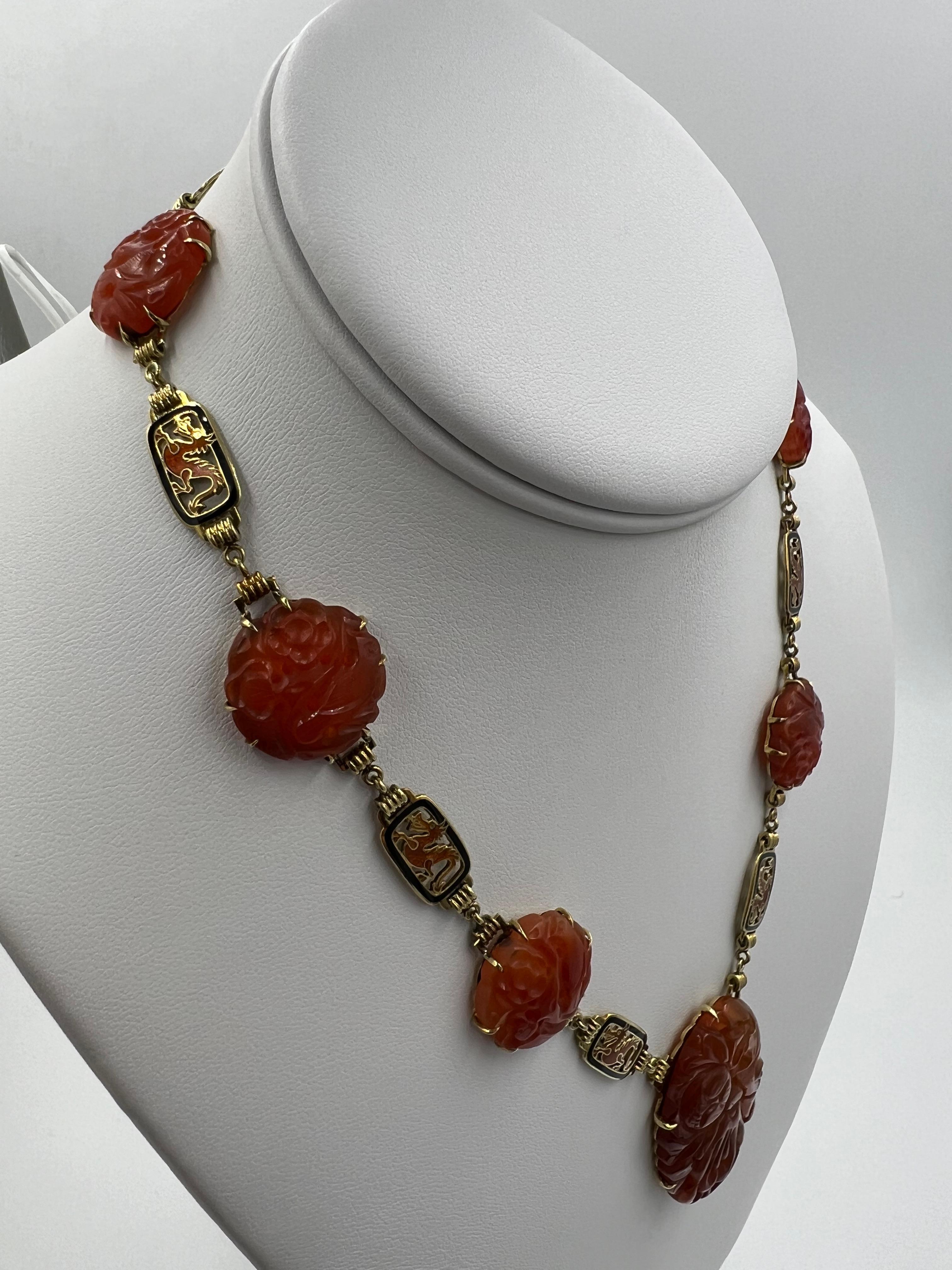 Art Deco Carved Carnelian And Enamel Dragon Yellow Gold Necklace Circa 1925 In Good Condition In Los Angeles, CA