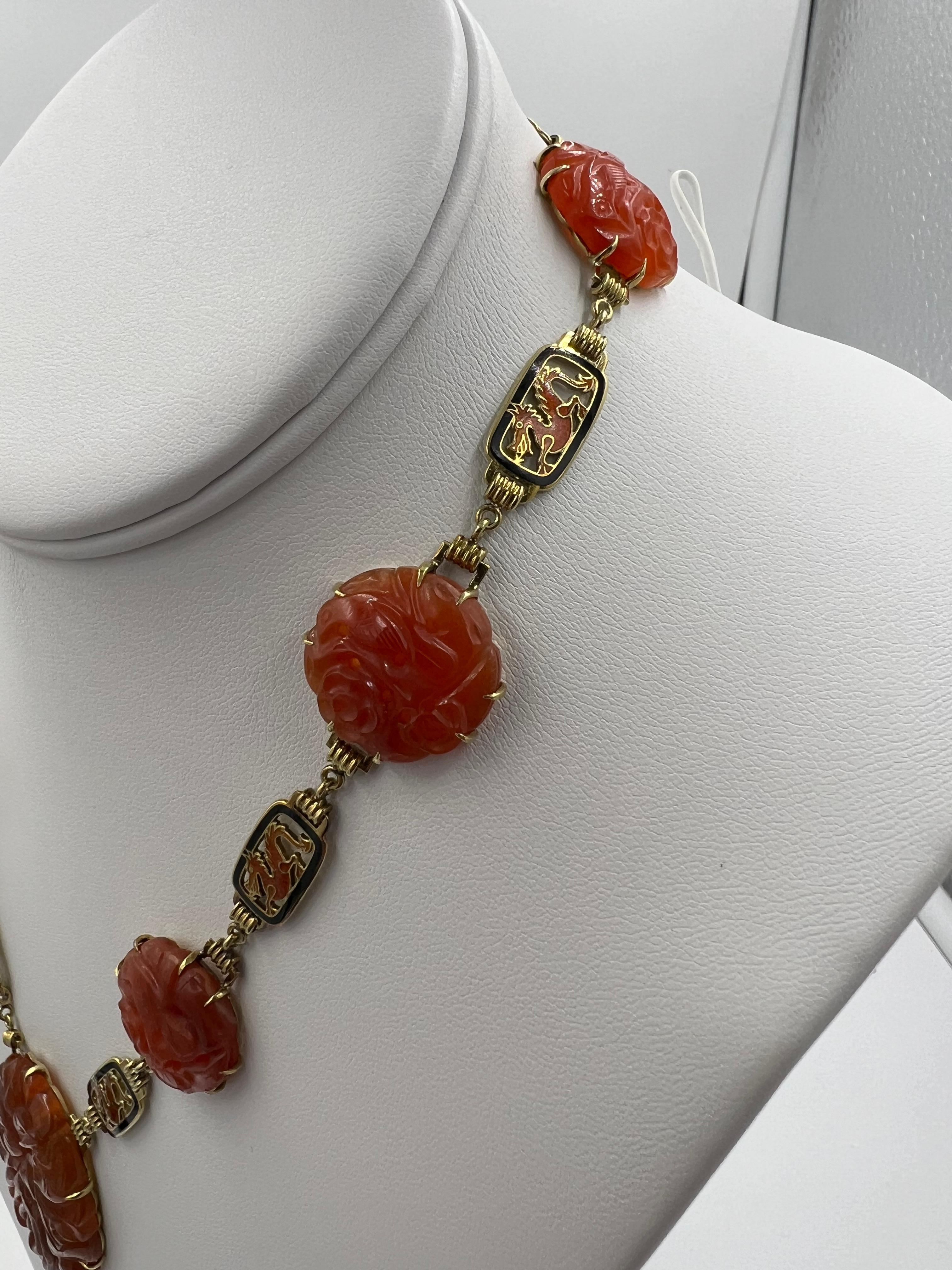 Women's or Men's Art Deco Carved Carnelian And Enamel Dragon Yellow Gold Necklace Circa 1925