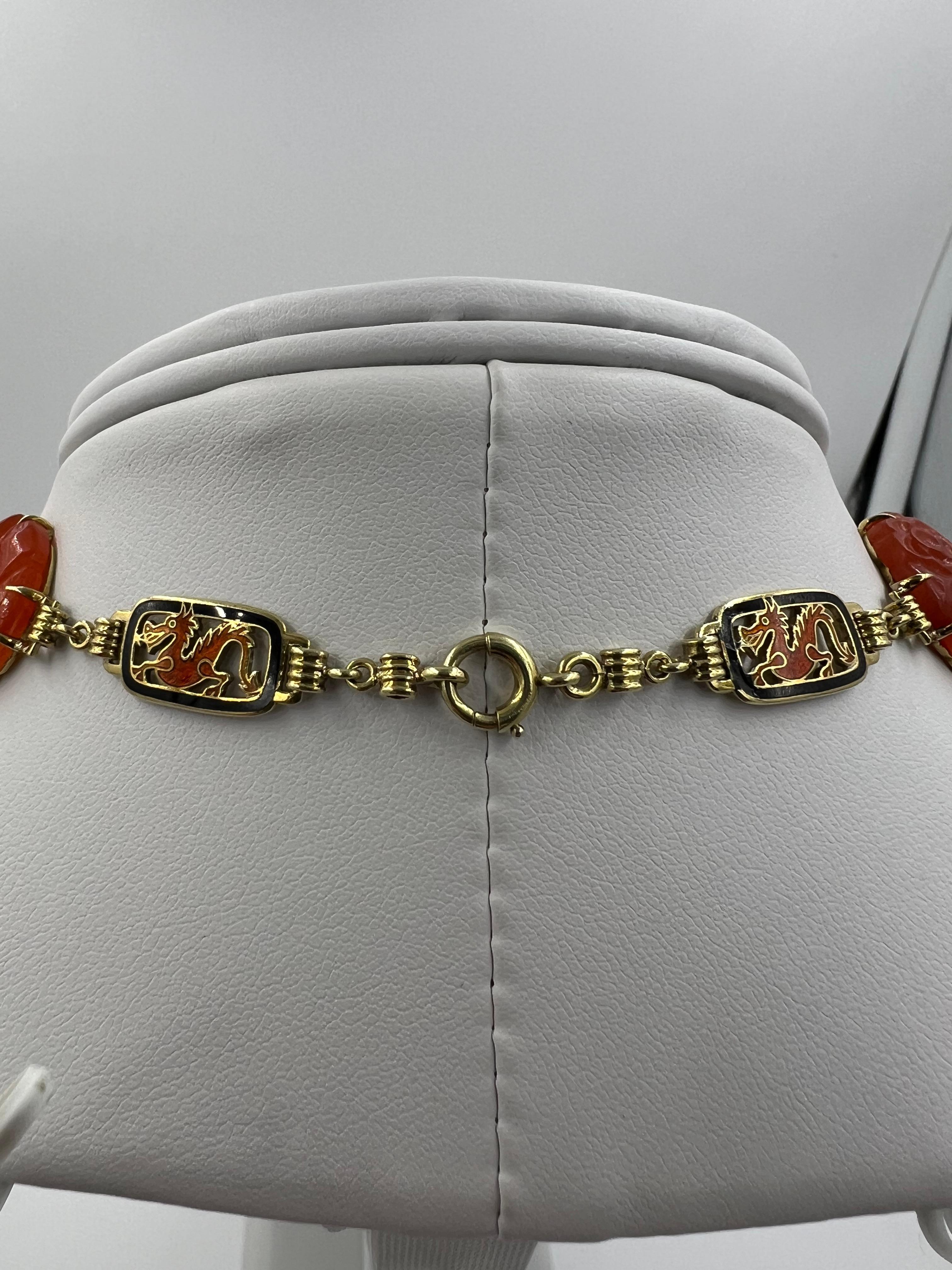 Art Deco Carved Carnelian And Enamel Dragon Yellow Gold Necklace Circa 1925 1