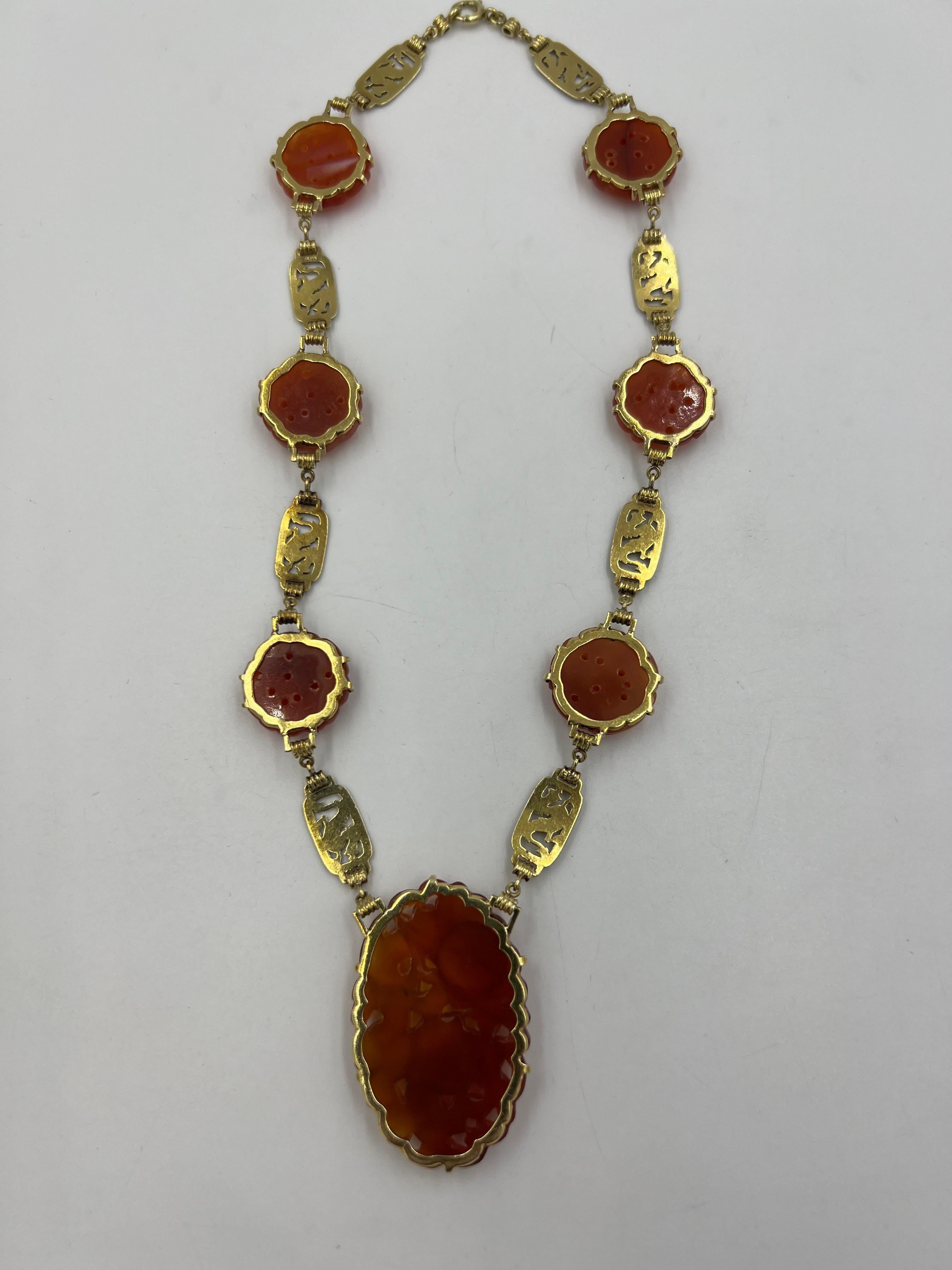 Art Deco Carved Carnelian And Enamel Dragon Yellow Gold Necklace Circa 1925 2