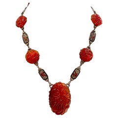 Art Deco Carved Carnelian And Enamel Dragon Yellow Gold Necklace Circa 1925