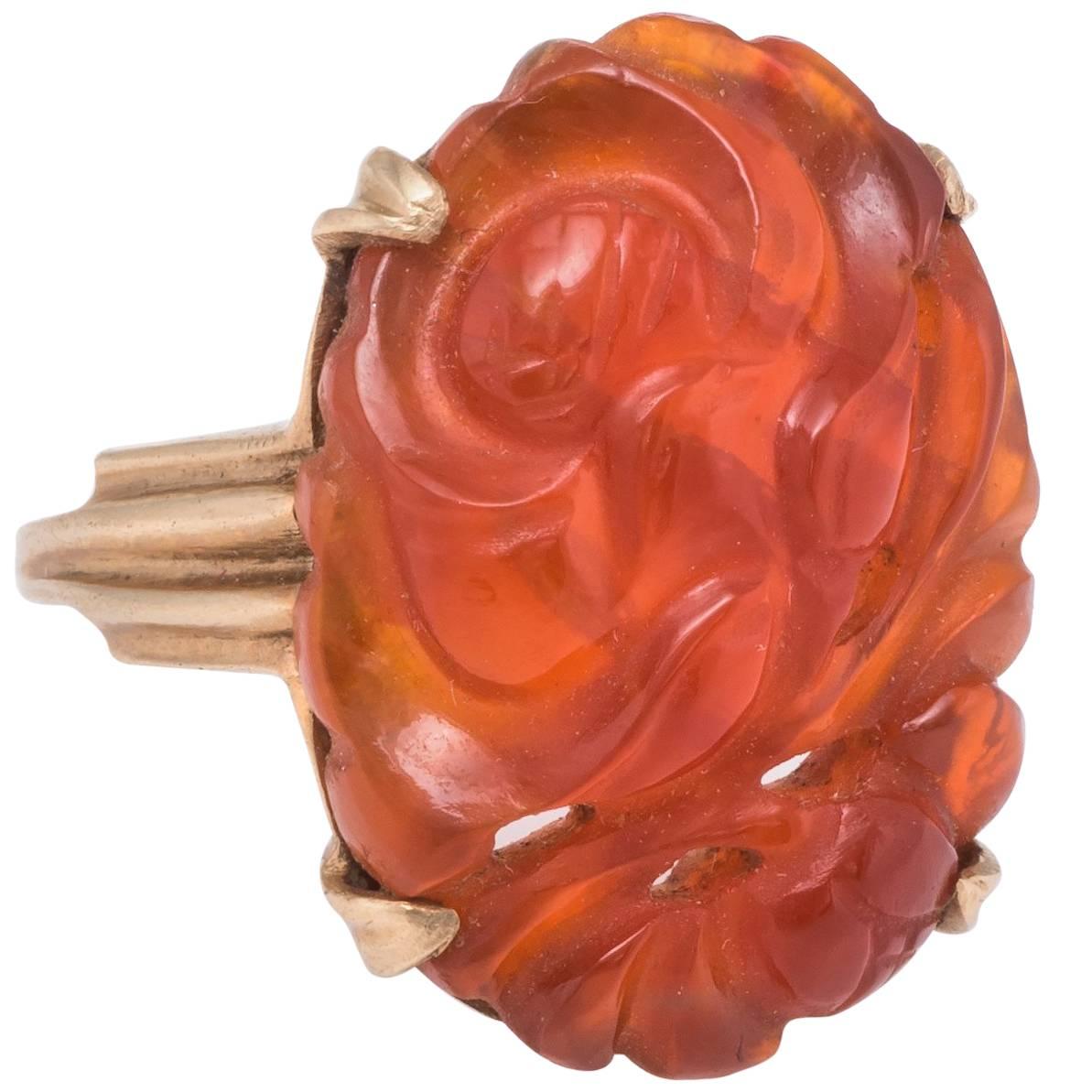 Art Deco Carved Carnelian Cocktail Ring 