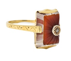 Art Deco Carved Carnelian Quartz Crystal Diamond 14 Karat Yellow Gold Ring