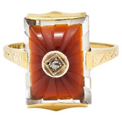 Art Deco Carved Carnelian Quartz Crystal Diamond 14 Karat Yellow Gold Ring