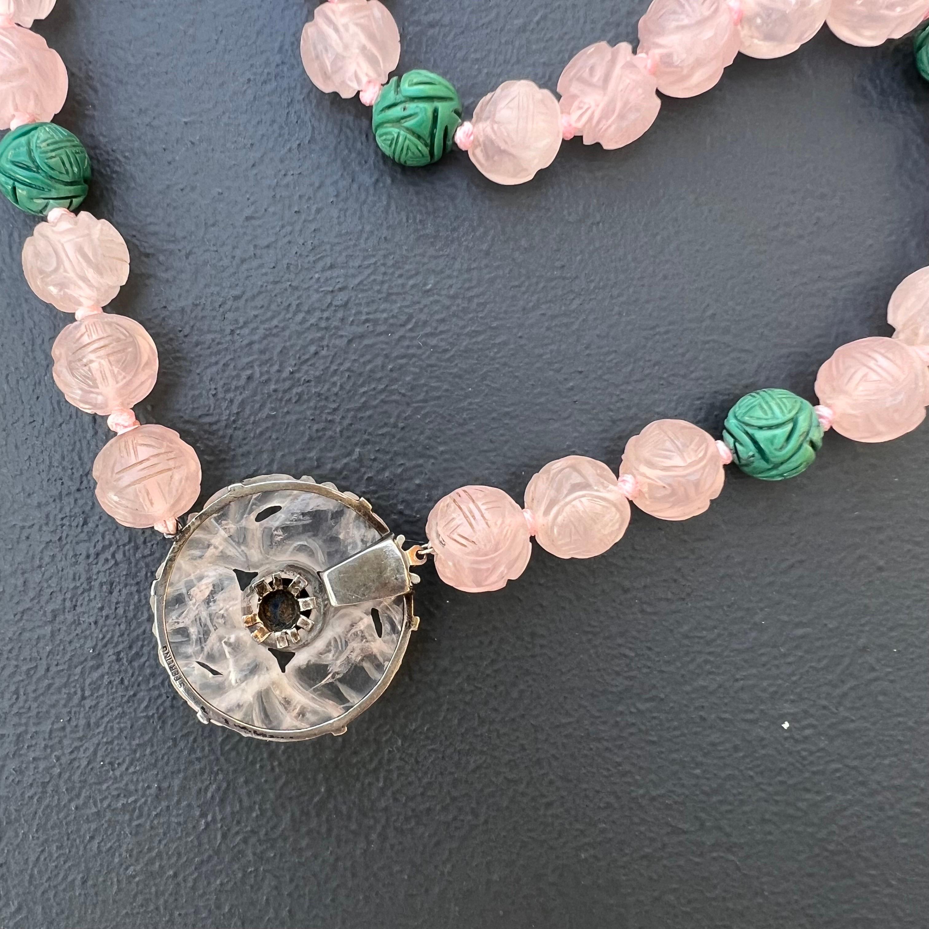 Art Deco Carved Chinese Rose Quartz Turquoise Beaded Choker Necklace For Sale 3