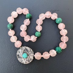 Art Deco Carved Chinese Rose Quartz Turquoise Beaded Choker Necklace