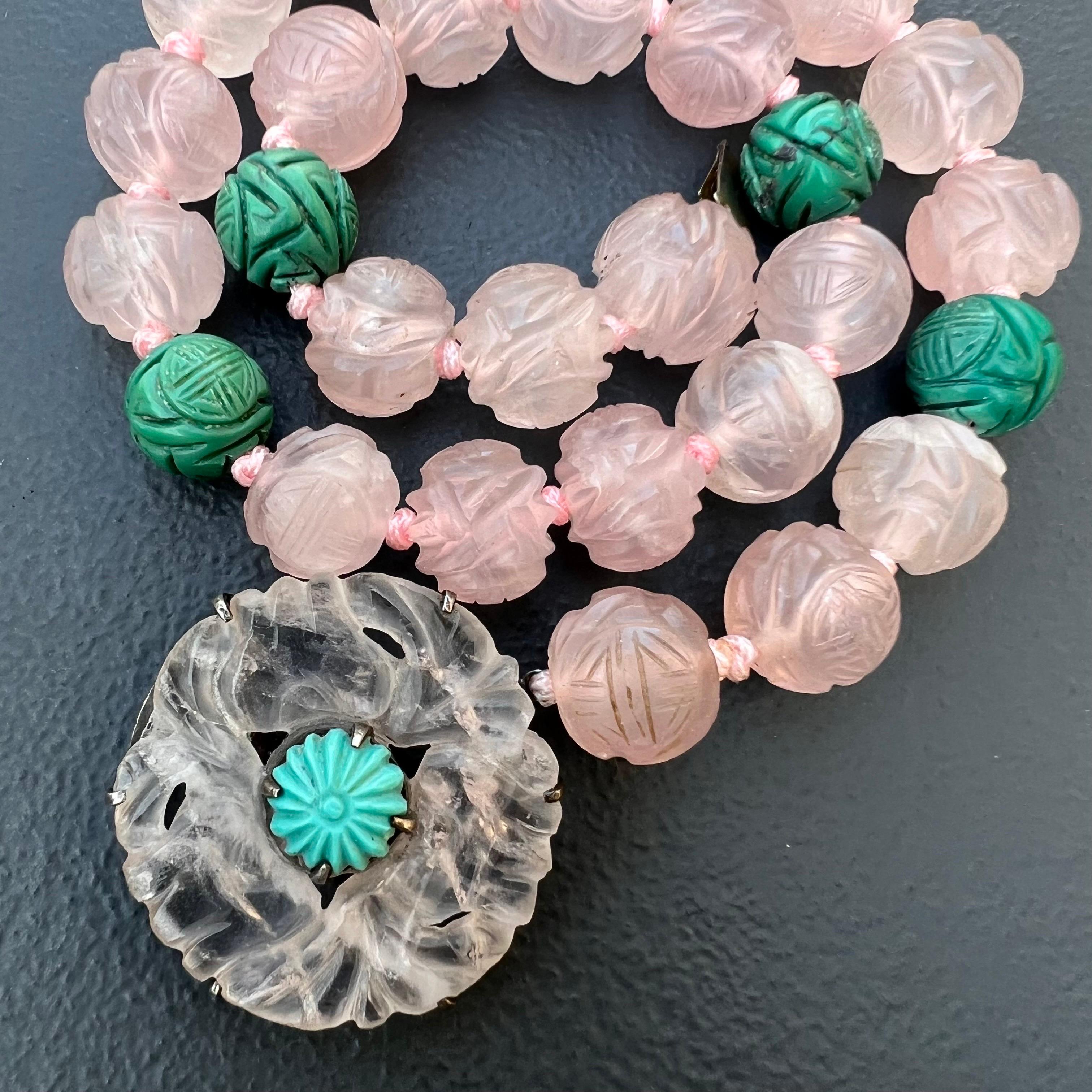 Art Deco Carved Chinese Rose Quartz Turquoise Beaded Choker Necklace For Sale 2