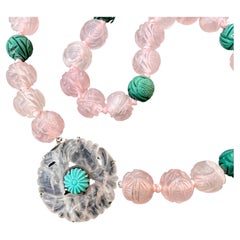 Art Deco Carved Chinese Rose Quartz Turquoise Beaded Choker Necklace