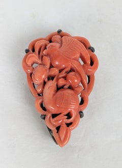 Art Deco Carved Coral Bird and Fruit Clip