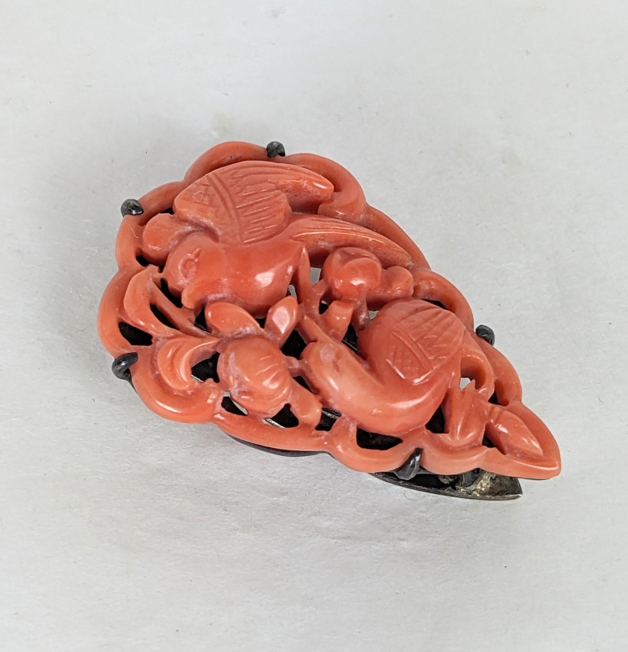 Uncut Art Deco Carved Coral Bird and Fruit Clip For Sale