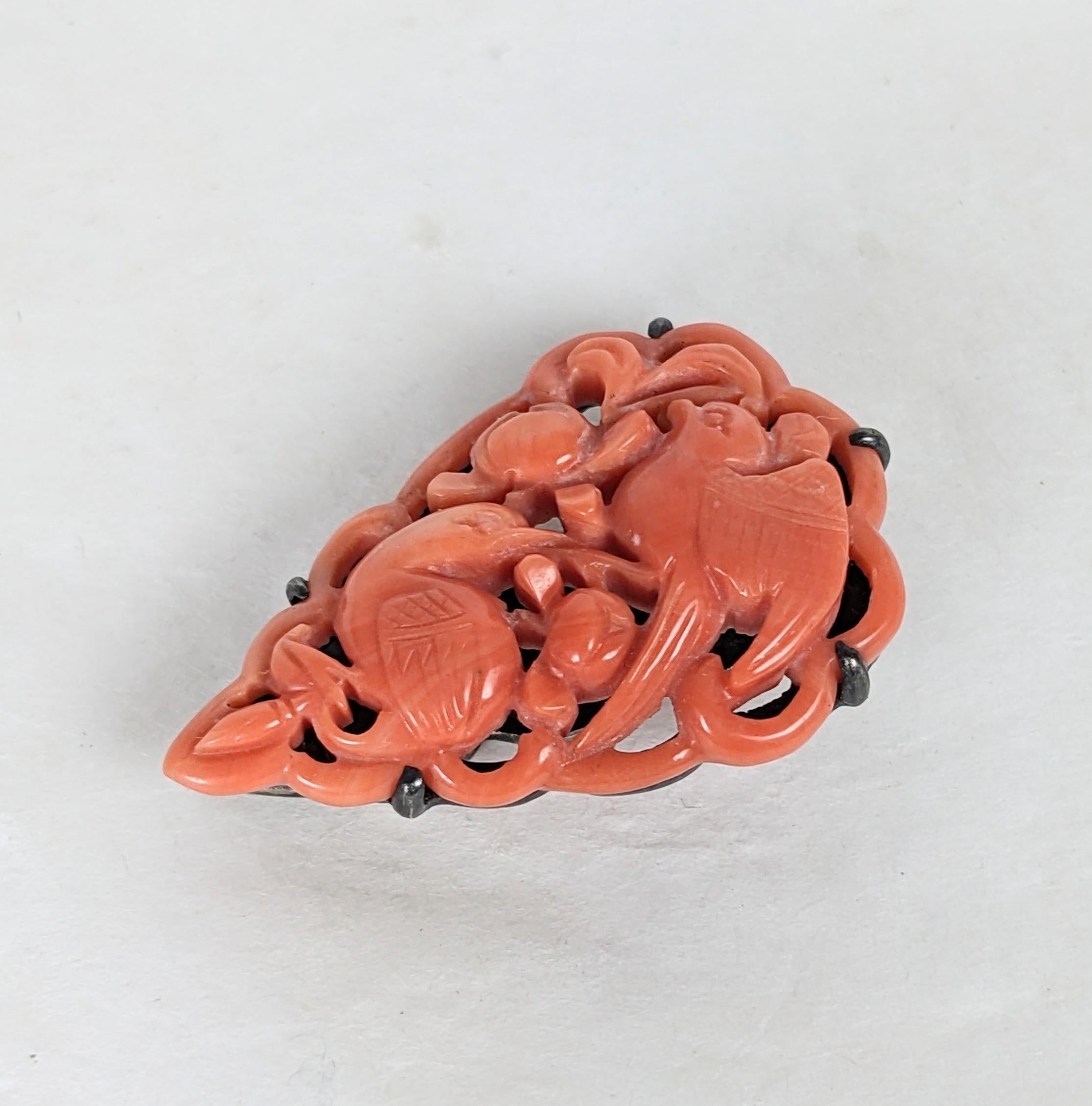 Art Deco Carved Coral Bird and Fruit Clip In Good Condition For Sale In New York, NY