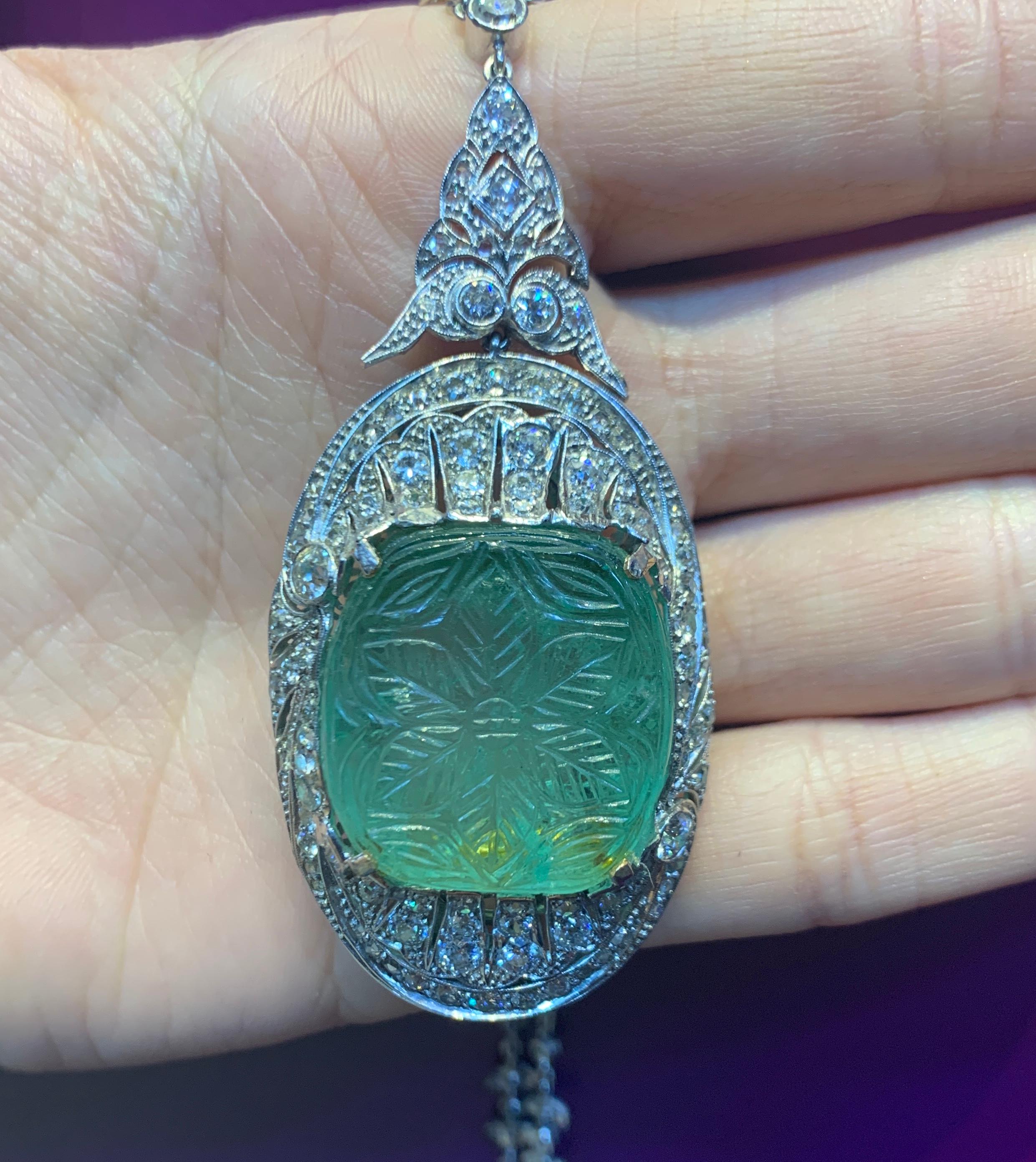 Art Deco Carved Emerald and Diamond Necklace For Sale 1