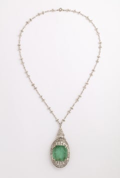 Art Deco Carved Emerald and Diamond Necklace