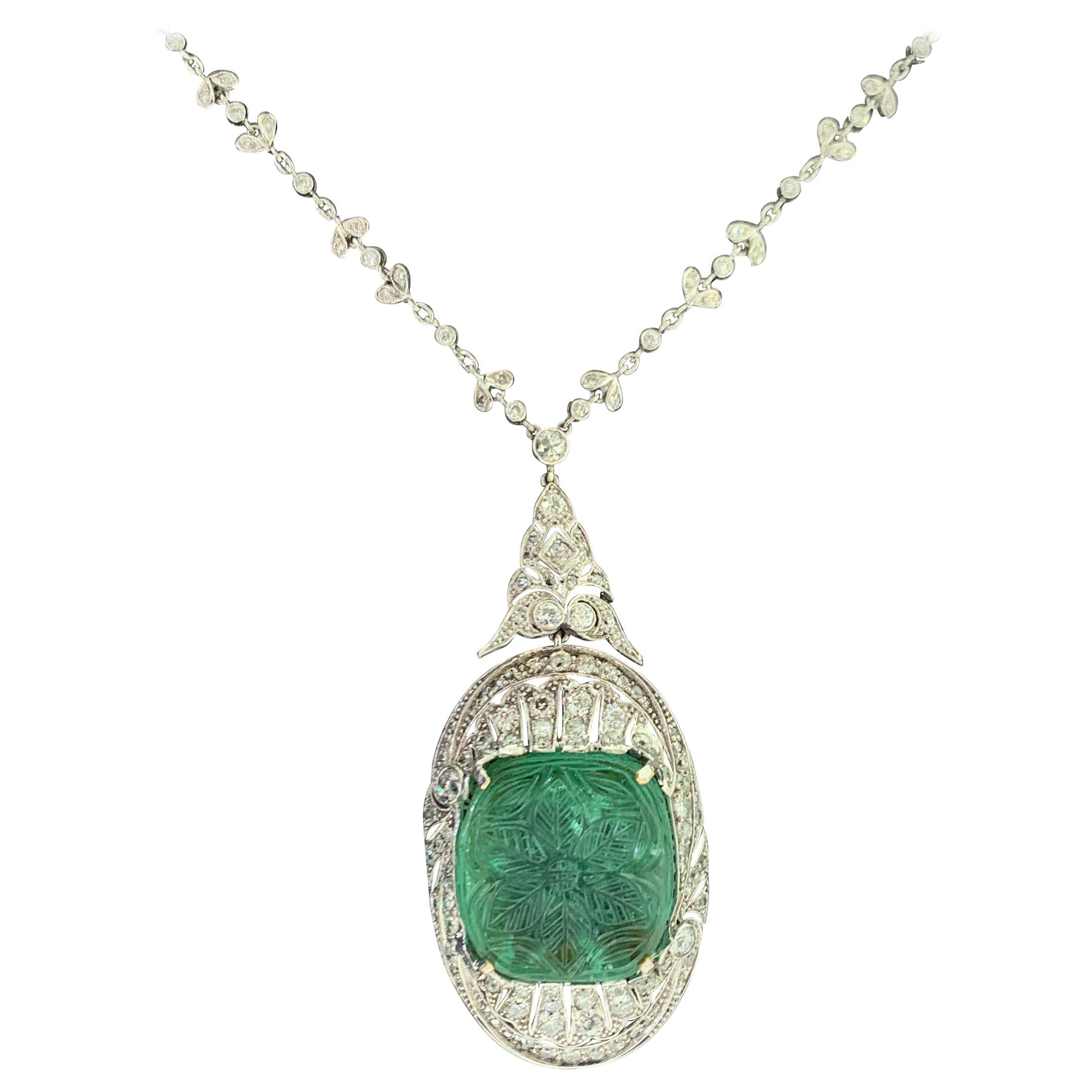 Art Deco Carved Emerald and Diamond Necklace For Sale