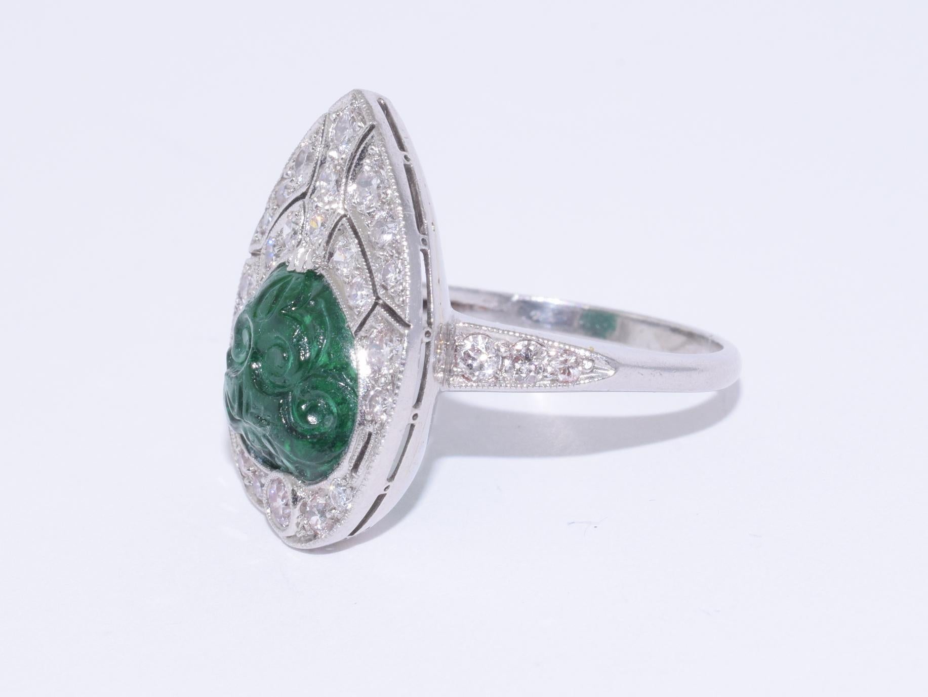 Cabochon Art Deco Carved Emerald and Diamond Ring