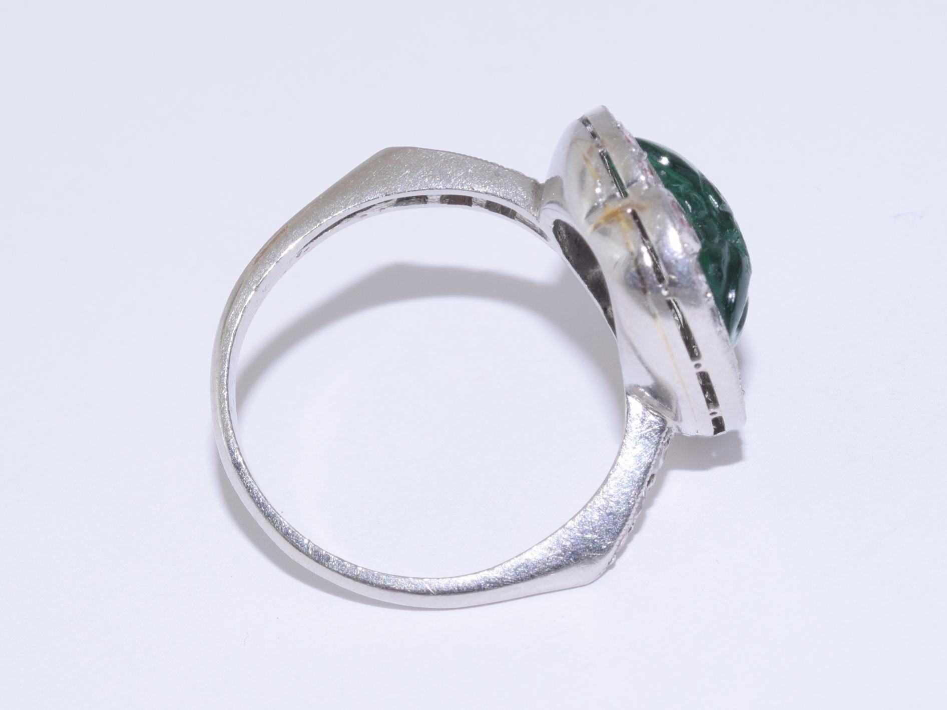 Women's Art Deco Carved Emerald and Diamond Ring