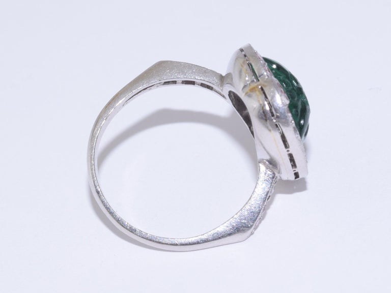 Art Deco Carved Emerald and Diamond Ring For Sale at 1stDibs