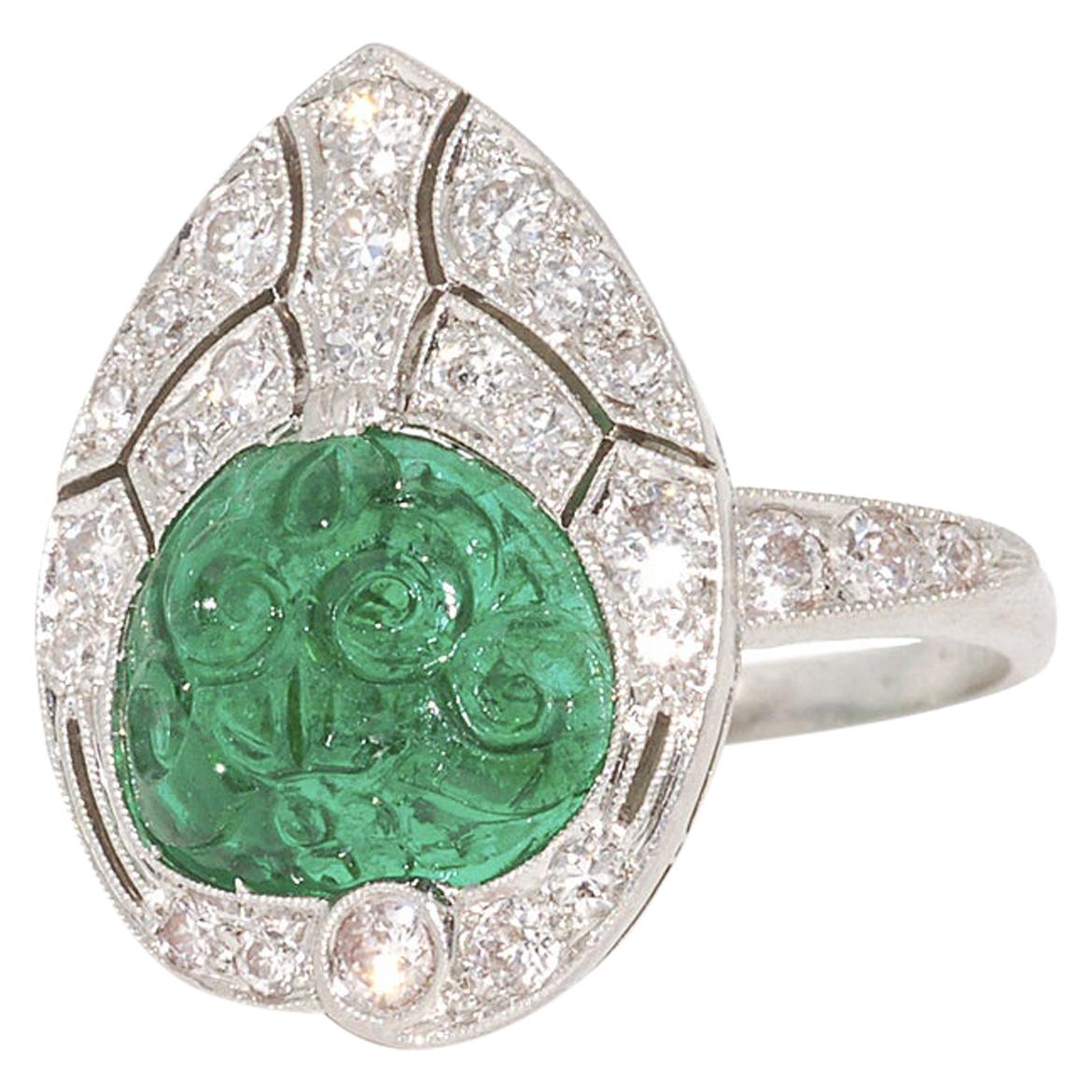 Art Deco Carved Emerald and Diamond Ring