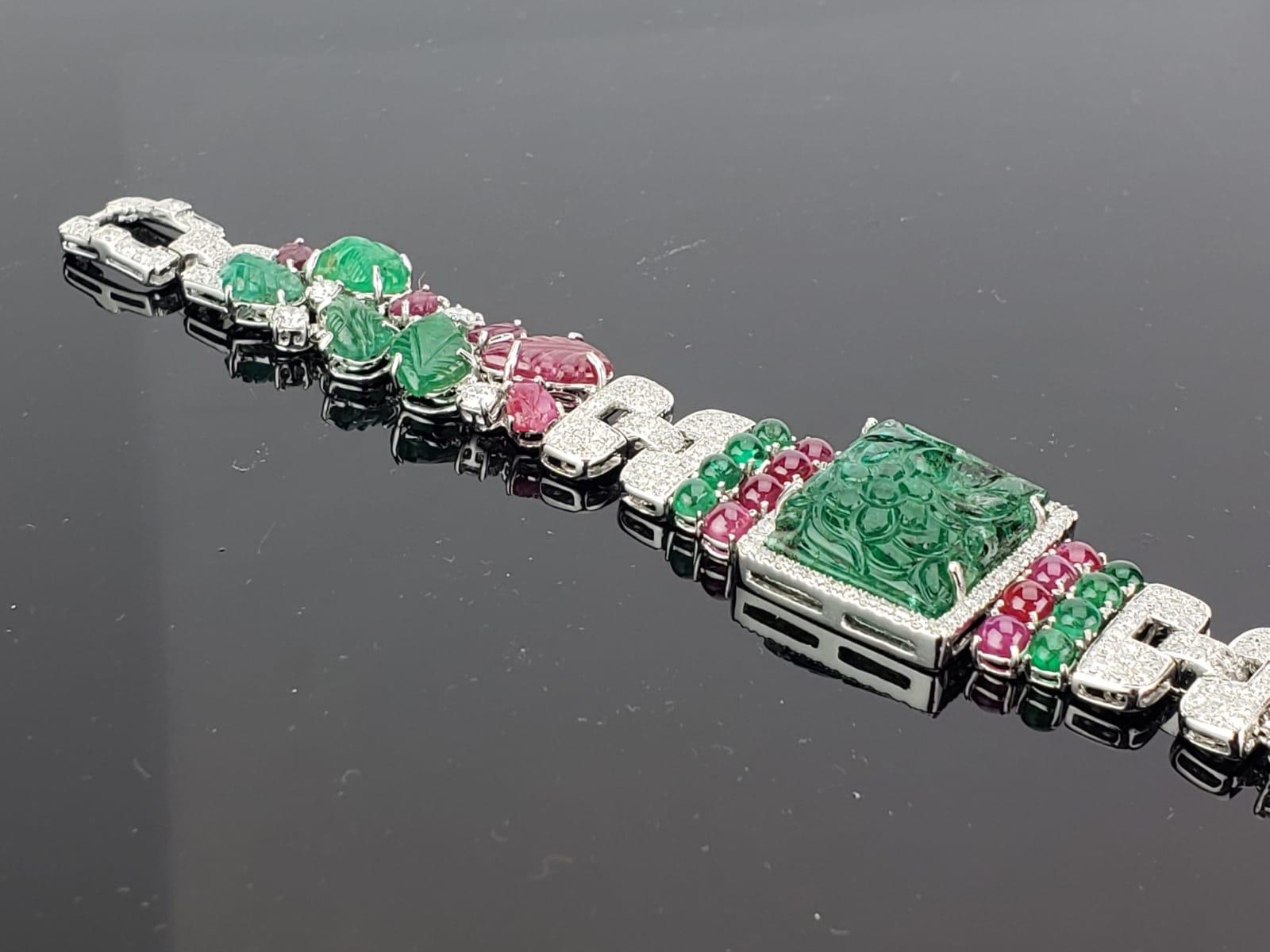 Art Deco Style Carved Emerald and Ruby Tutti Frutti Bracelet 1