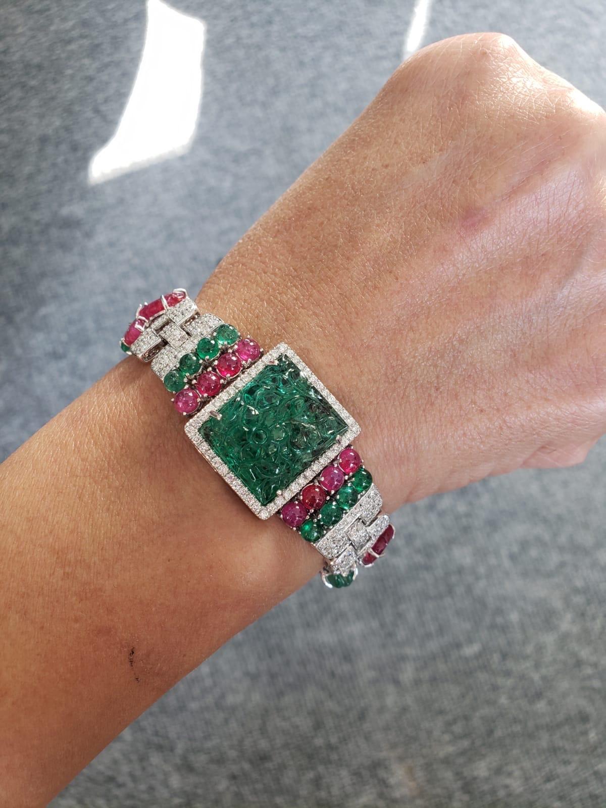 Art Deco Style Carved Emerald and Ruby Tutti Frutti Bracelet 2