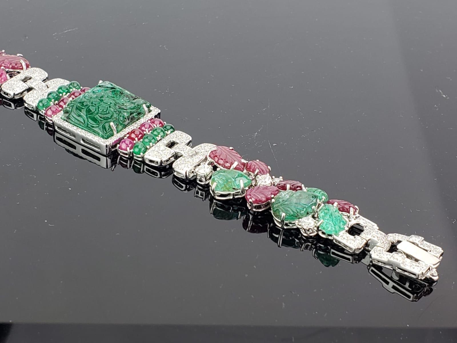 Art Deco Style Carved Emerald and Ruby Tutti Frutti Bracelet 4