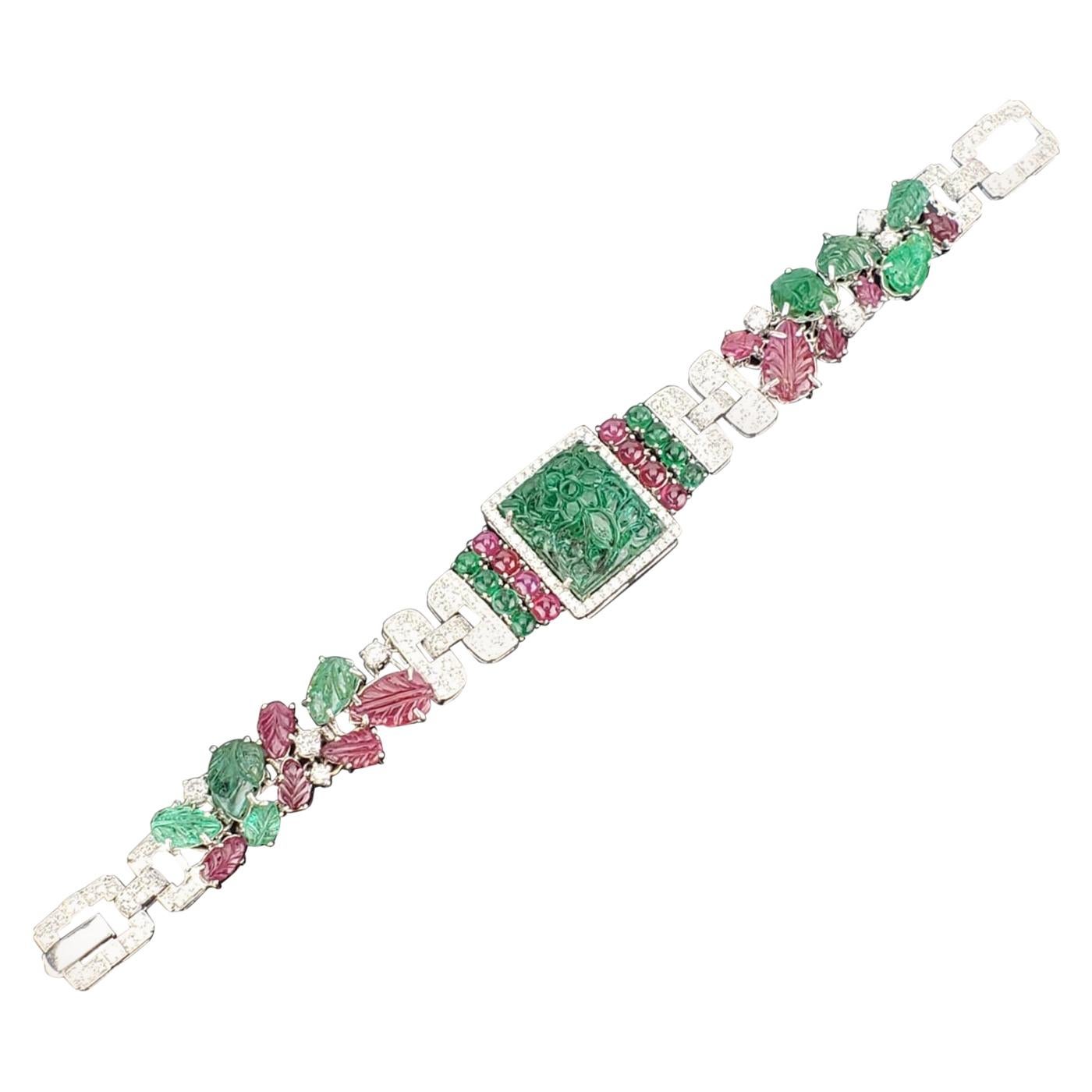 Art Deco Style Carved Emerald and Ruby Tutti Frutti Bracelet